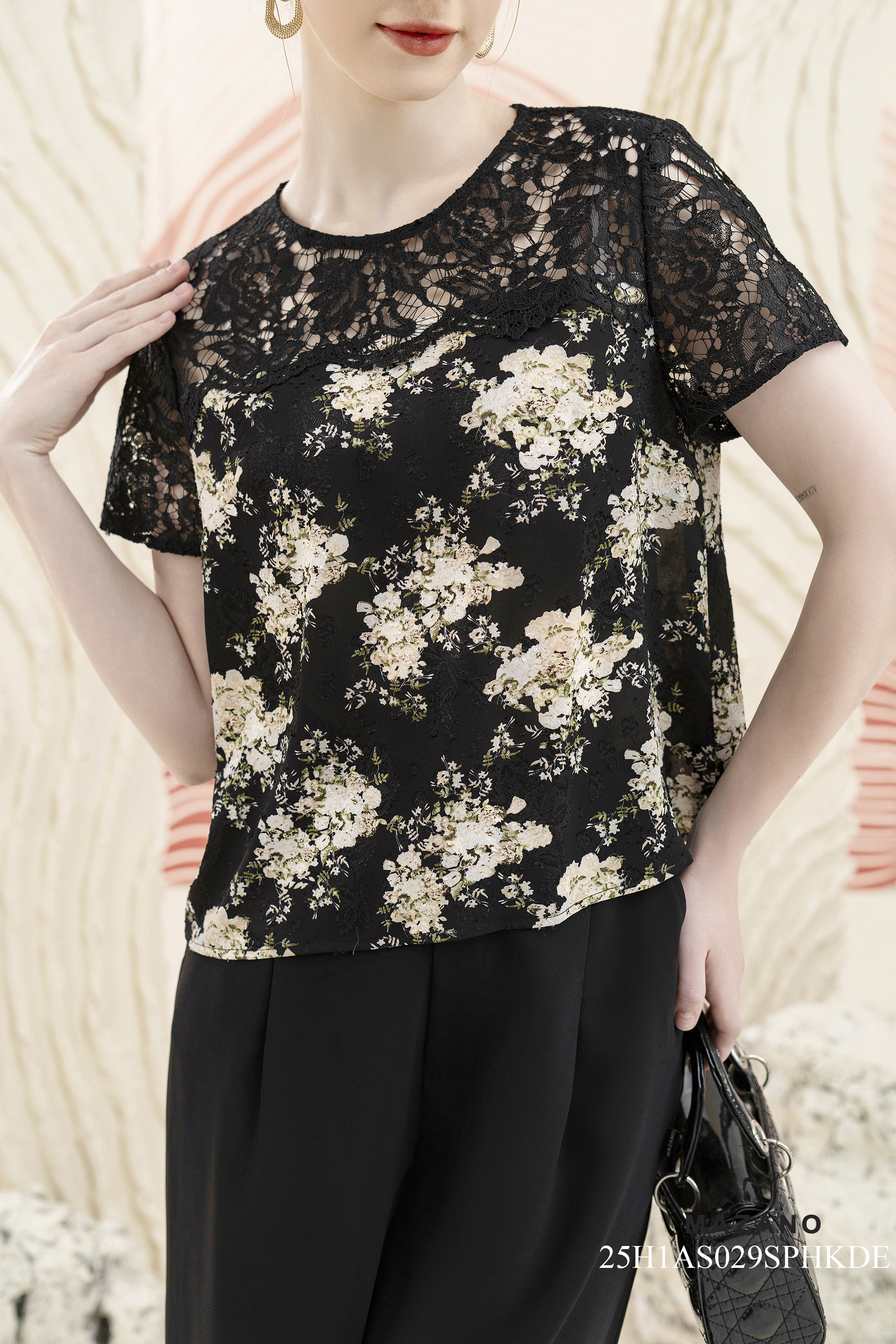 Áo Top Suông Vải voan 3D phối ren Họa tiết hoa cách điệu Cổ tròn Tay ngắn Dài dưới eo_thumbnail_4