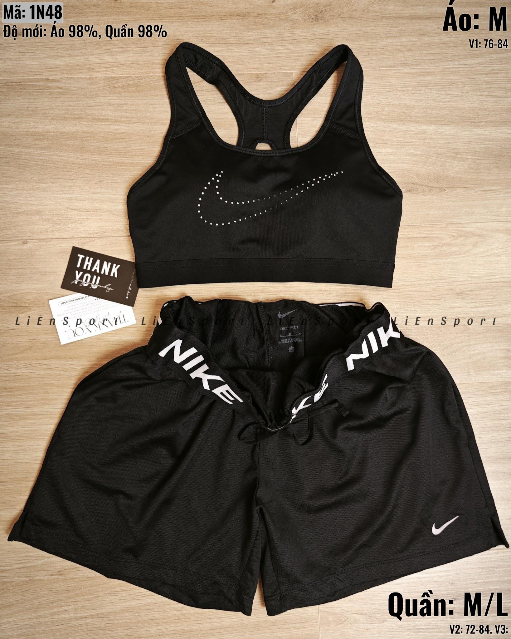 Set 2 món Nike Áo bra lưng chữ X + Quần short thể thao Nữ Size M L Đen Auth 2nd Vải thun co giãn Thoáng khí thấm hút mồ hôi Logo ép nhiệt Cạp chun dây rút Form suông Phù hợp gym yoga chạy bộ Mã:1N48
