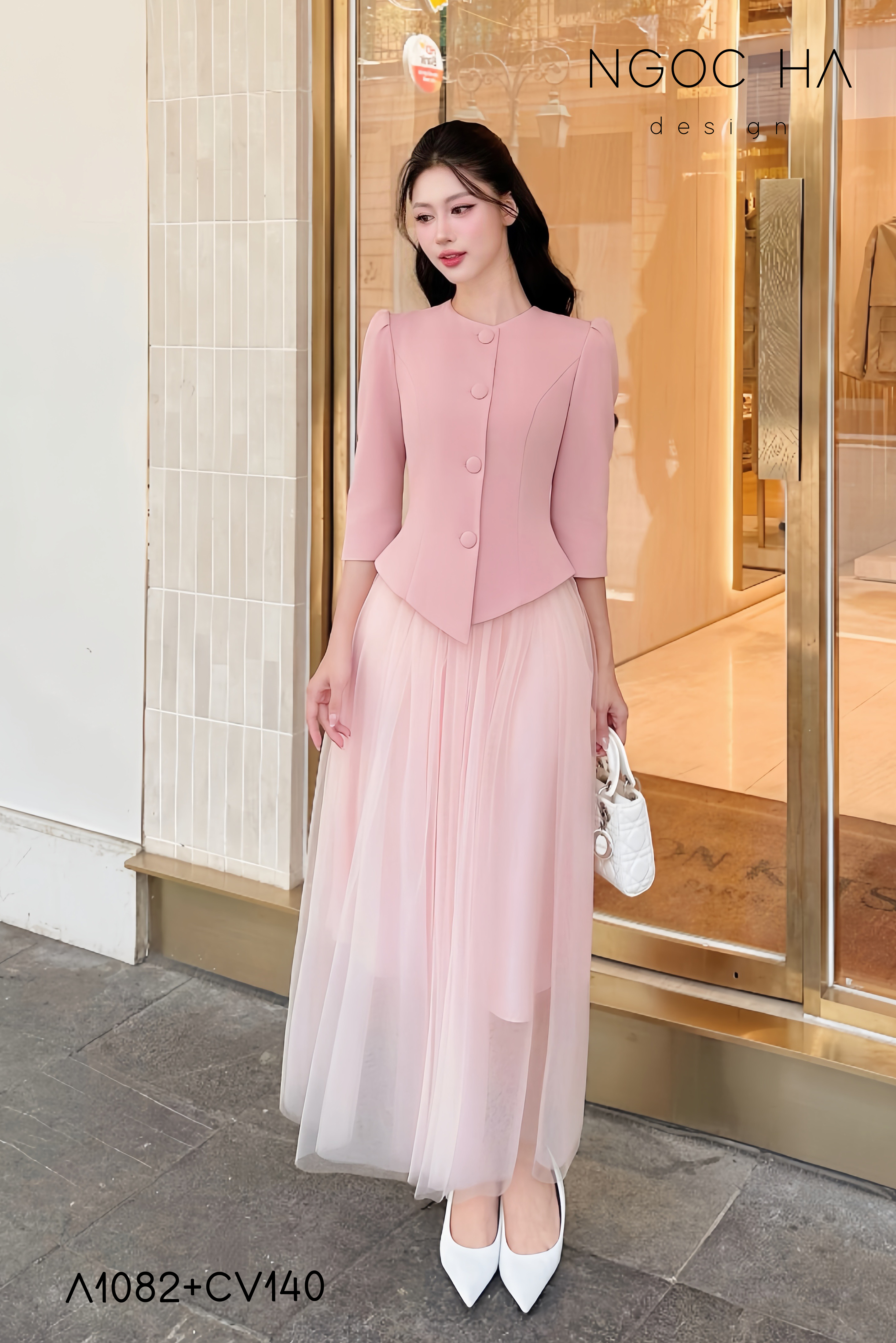 Lily_ Áo Vest Cổ Tròn Tay Lừng Mix Chân Váy Lưới Màu Hồng A1082+CV140_thumbnail_3