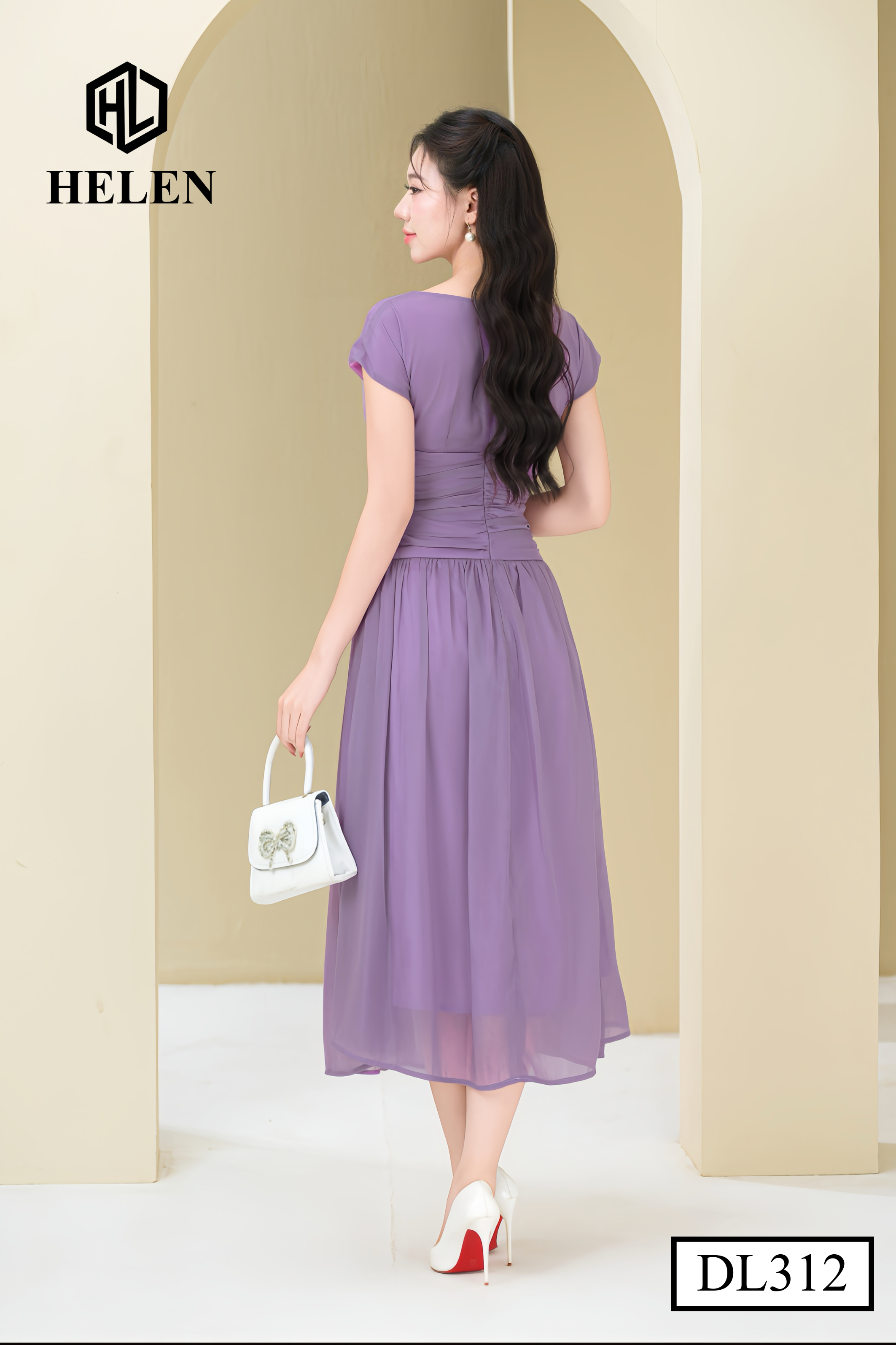 Đầm xòe tơ tím xếp eo vai chờm DL312