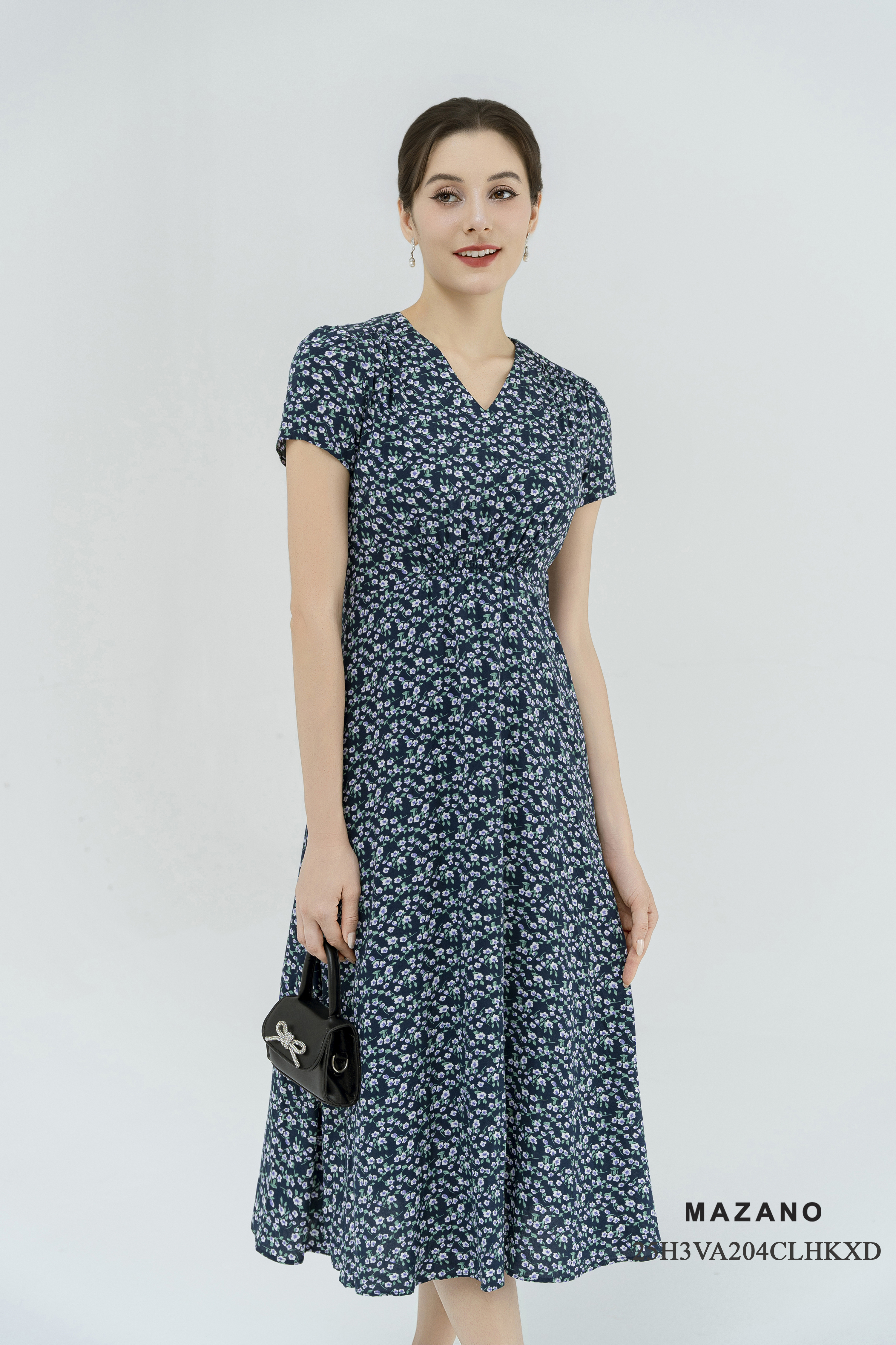 Váy Đầm eo cao thân ôm vừa nhún vai Cổ V tay ngắn Dài qua bắp chân_thumbnail_2