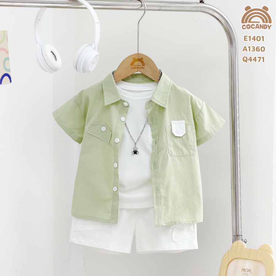 Áo cộc sơ mi thô gân XANH đáp túi kiểu