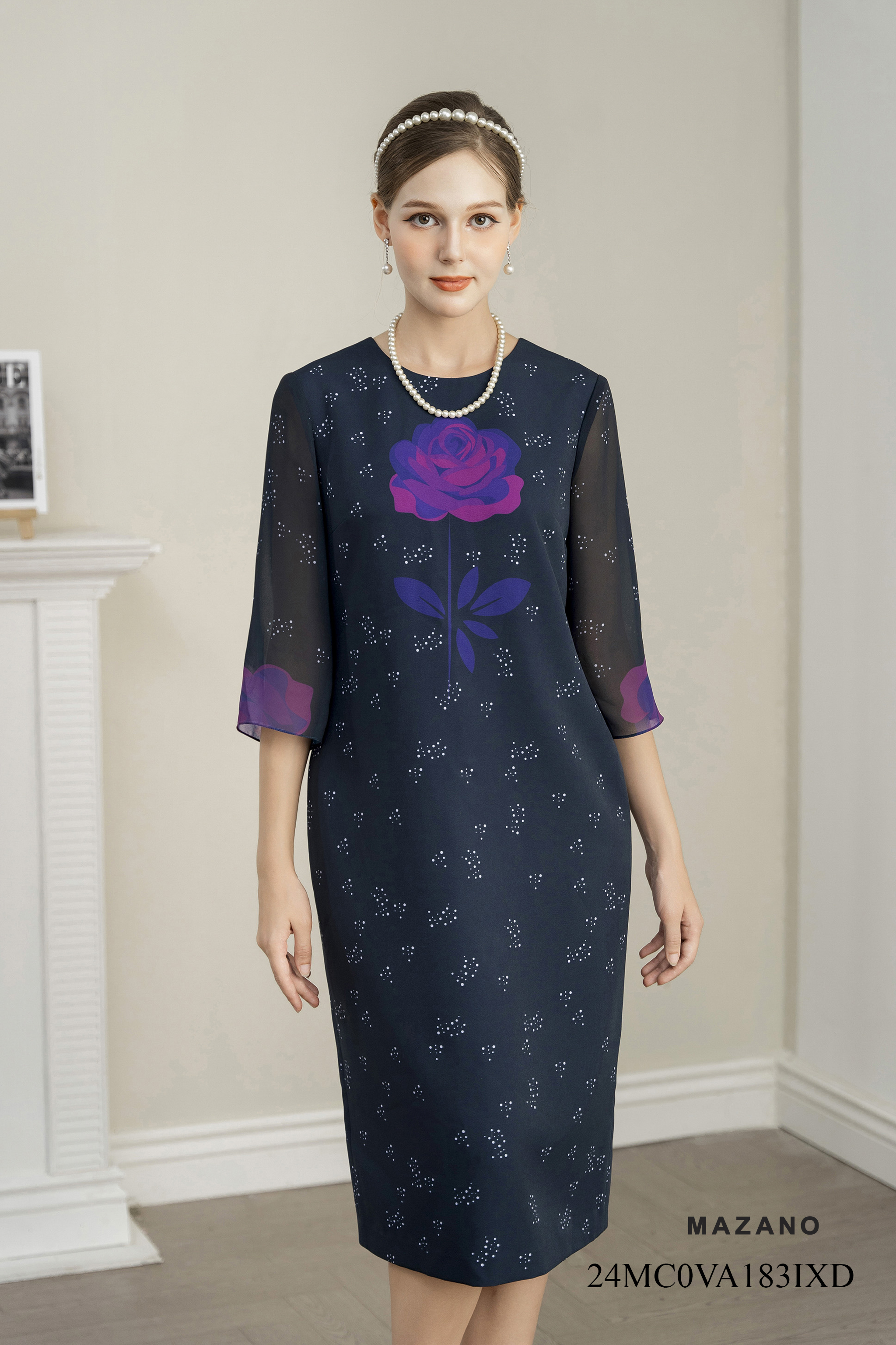 Váy Đầm Suông Vải thô mỏng Hoạ tiết hoa in bố cục Cổ tròn Tay lỡ Dài đến bắp chân_thumbnail_3