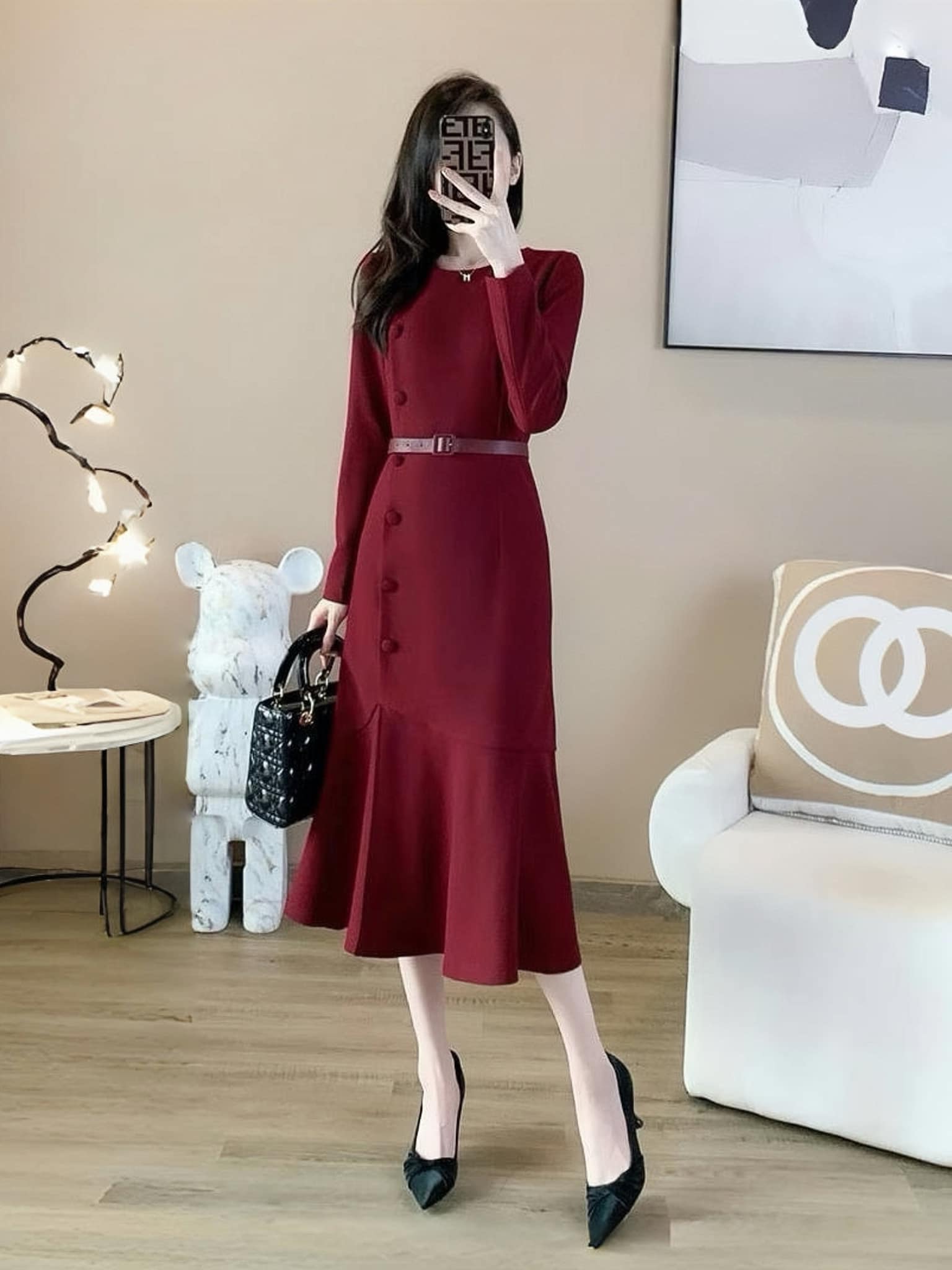 Đầm đính cúc JESSA đuôi cá màu ĐỎ