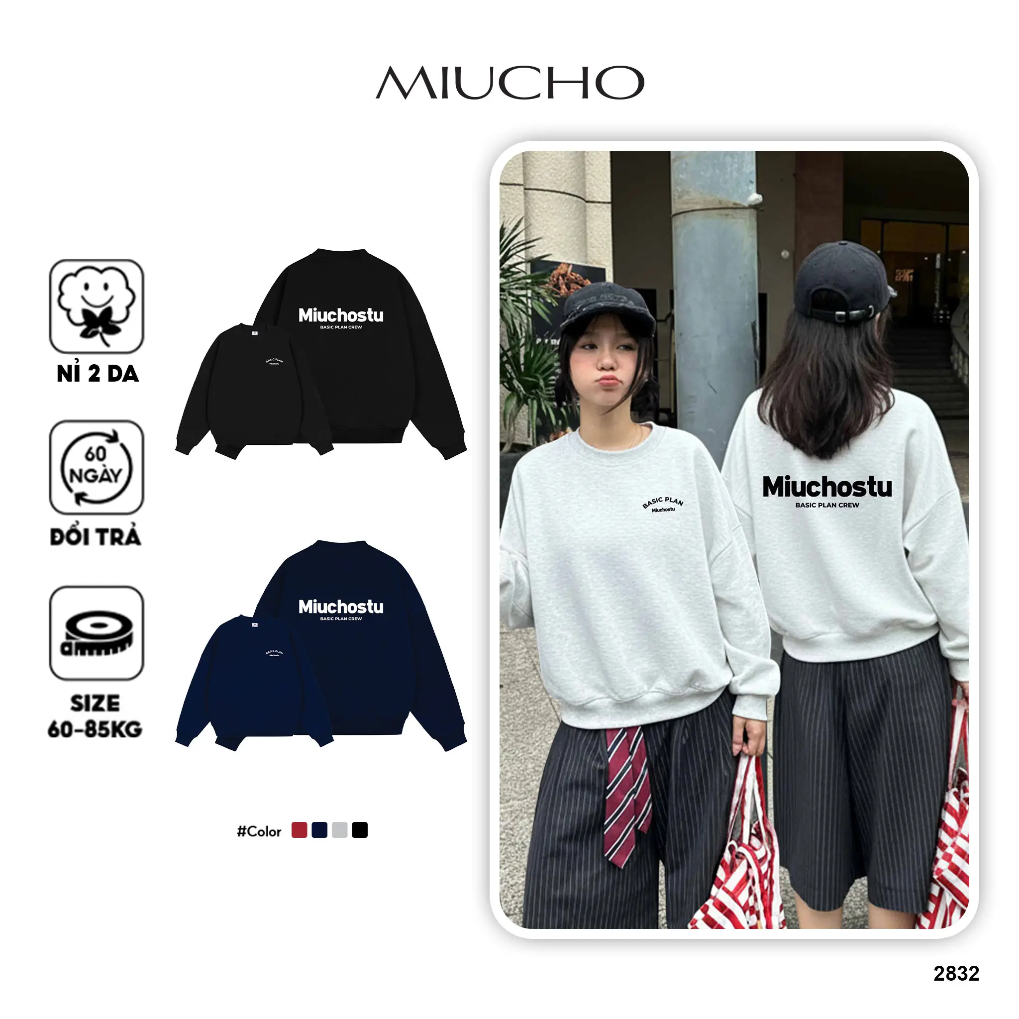 Áo Sweater boxy nam nữ Miucho vải nỉ 2 da thoáng mát mềm mại cổ tròn in basic 2832