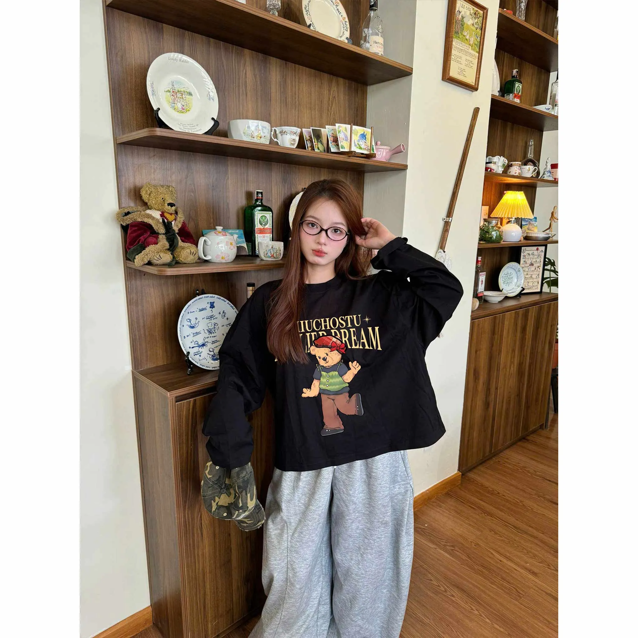 Áo thun boxy unisex Miucho tay dài cổ tròn vải cotton thoáng mát dày dặn hình gấu bông in mix 2658_thumbnail_2