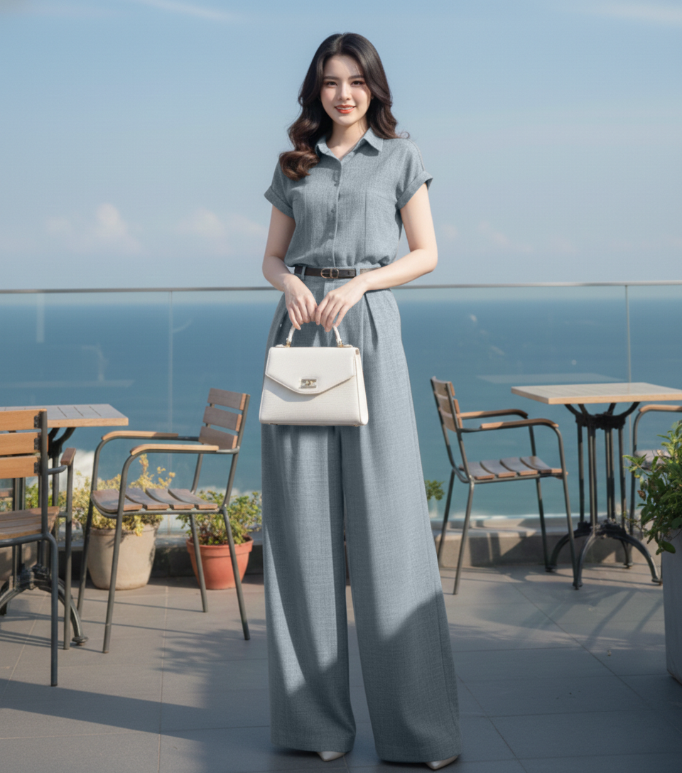 Set bộ đồ áo sơ mi phối quần ống rộng phong cách