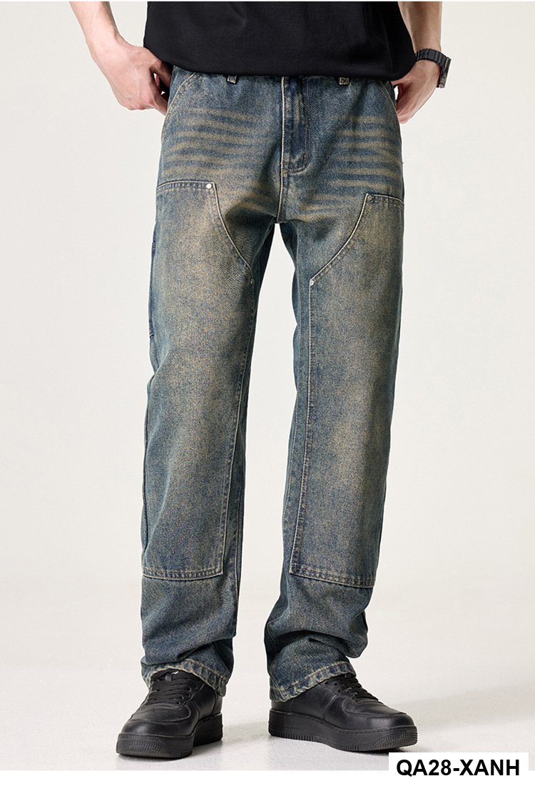 Quần Jean Nam Đường Phố Mỹ Cao Cấp – Retro Giặt Đau Khổ, Rách Hai Đầu Gối, Dáng Thẳng Màu Vàng Bùn