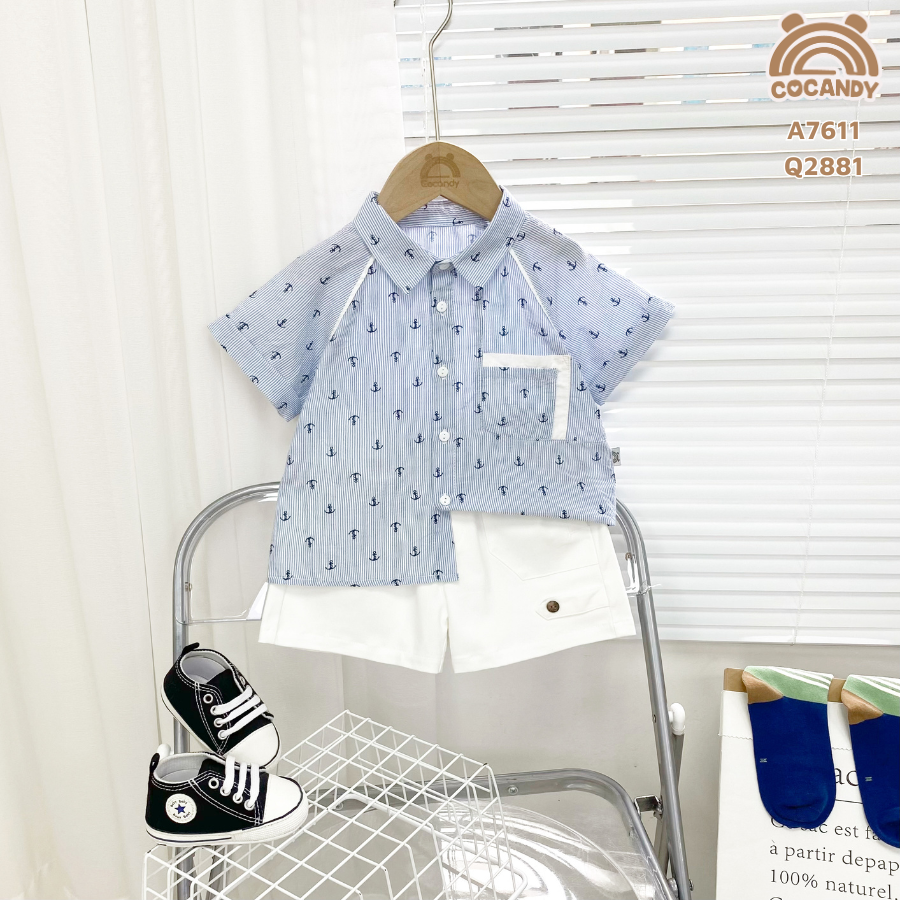 Áo cộc sơ mi X.DƯƠNG hoạ tiết mỏ neo phối túi