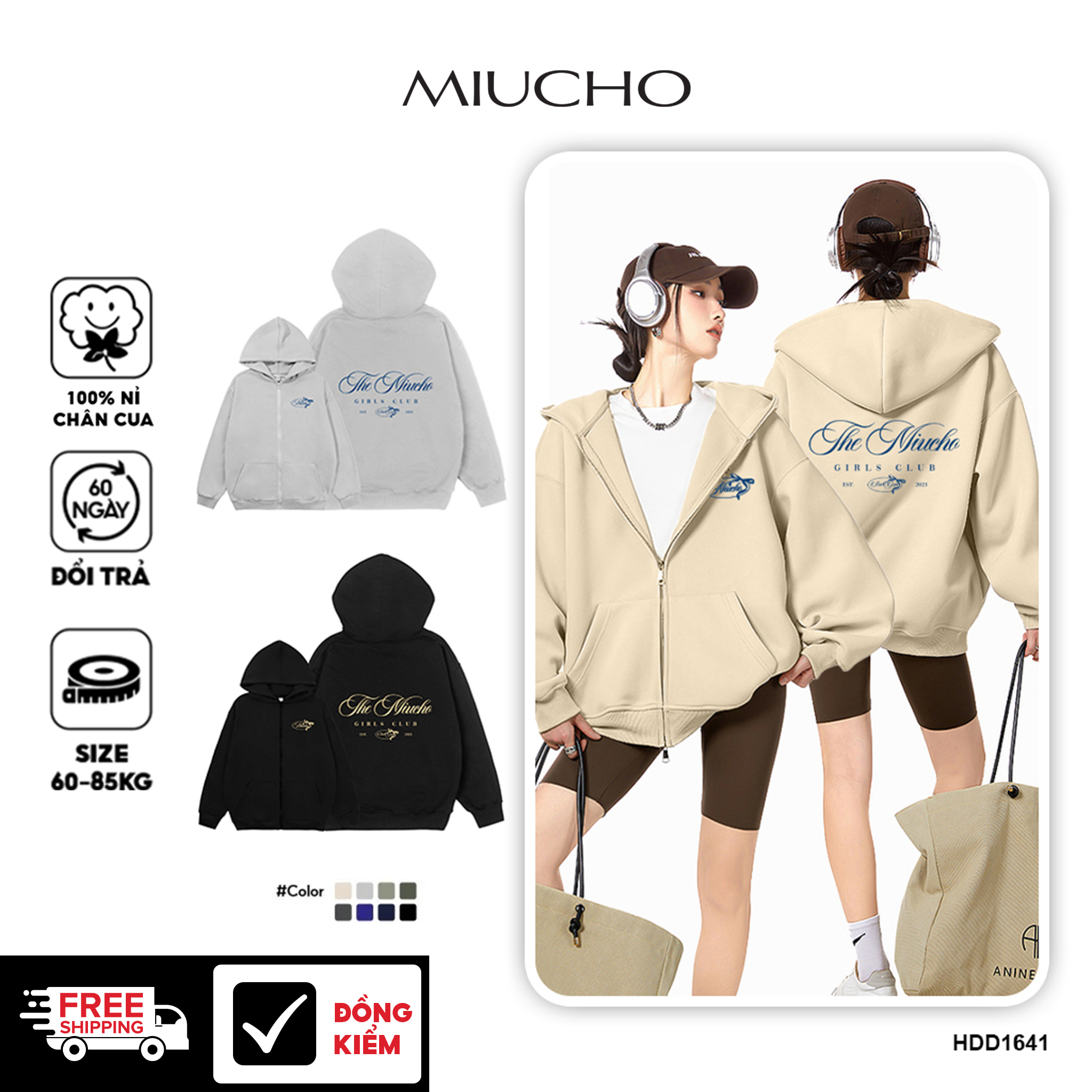 Áo hoodie zip local brand form rộng vải nỉ chân cua HZD1641 Miucho in typography