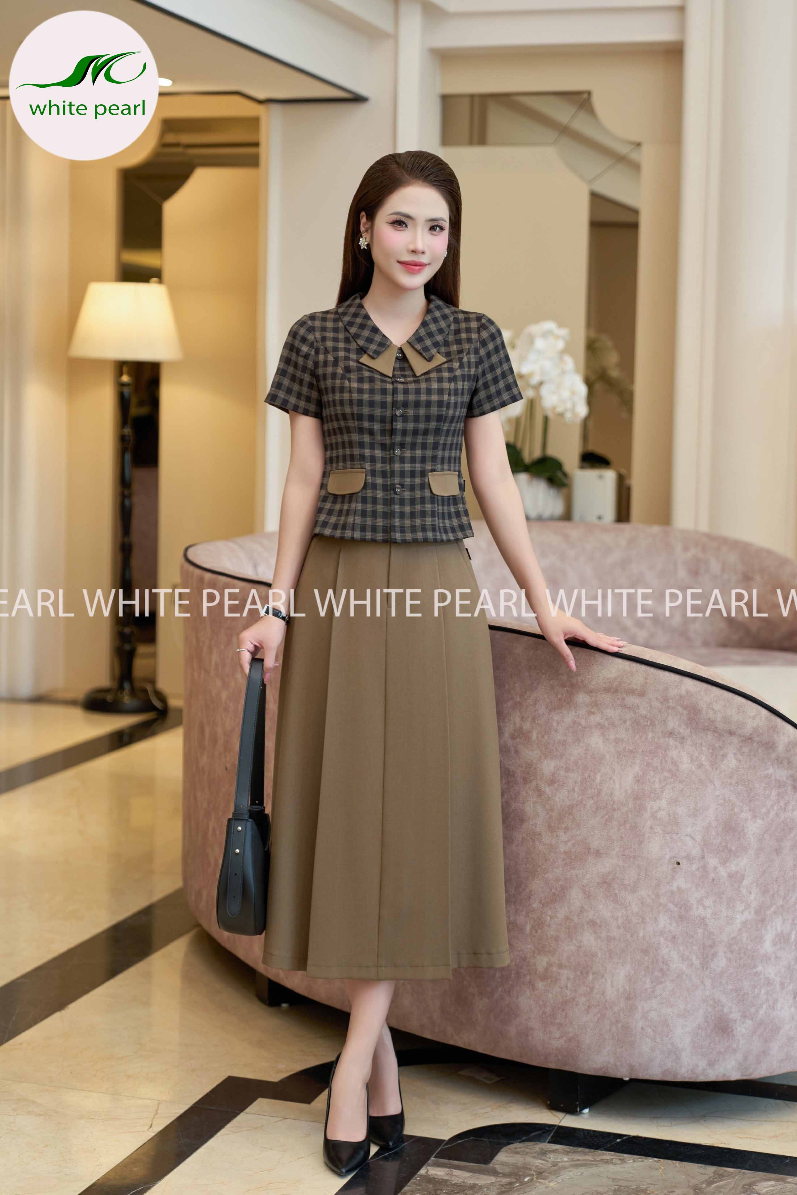 SET ký giả áo cổ sen vuông kết hợp chân váy thời trang công sở cao cấp White Pearl