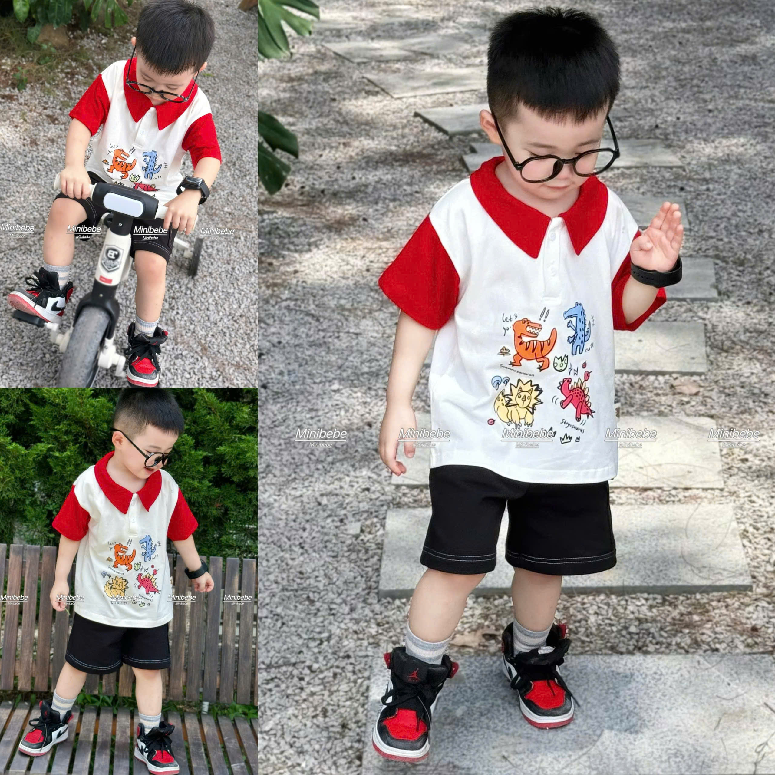 K06 BỘ POLO PHỐI TAY VÀ CỔ ĐỎ KHỦNG LONG LET'S GO- A117.1694