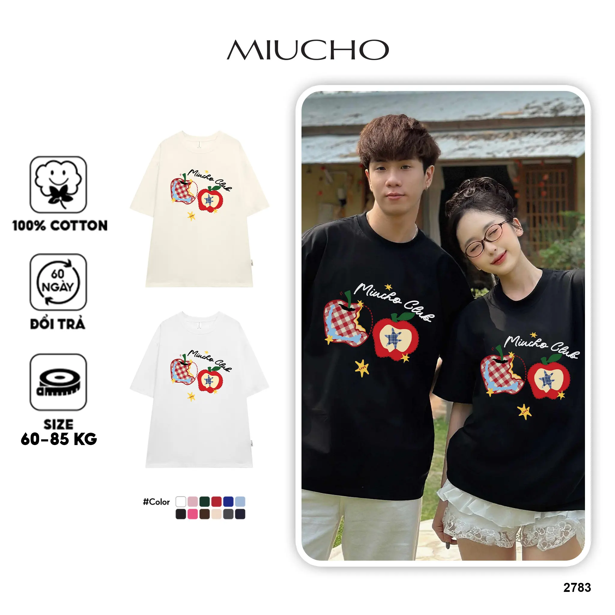 Áo thun couple form oversize Miucho vải cotton mềm mại dày dặn hình quả táo in mix 2783