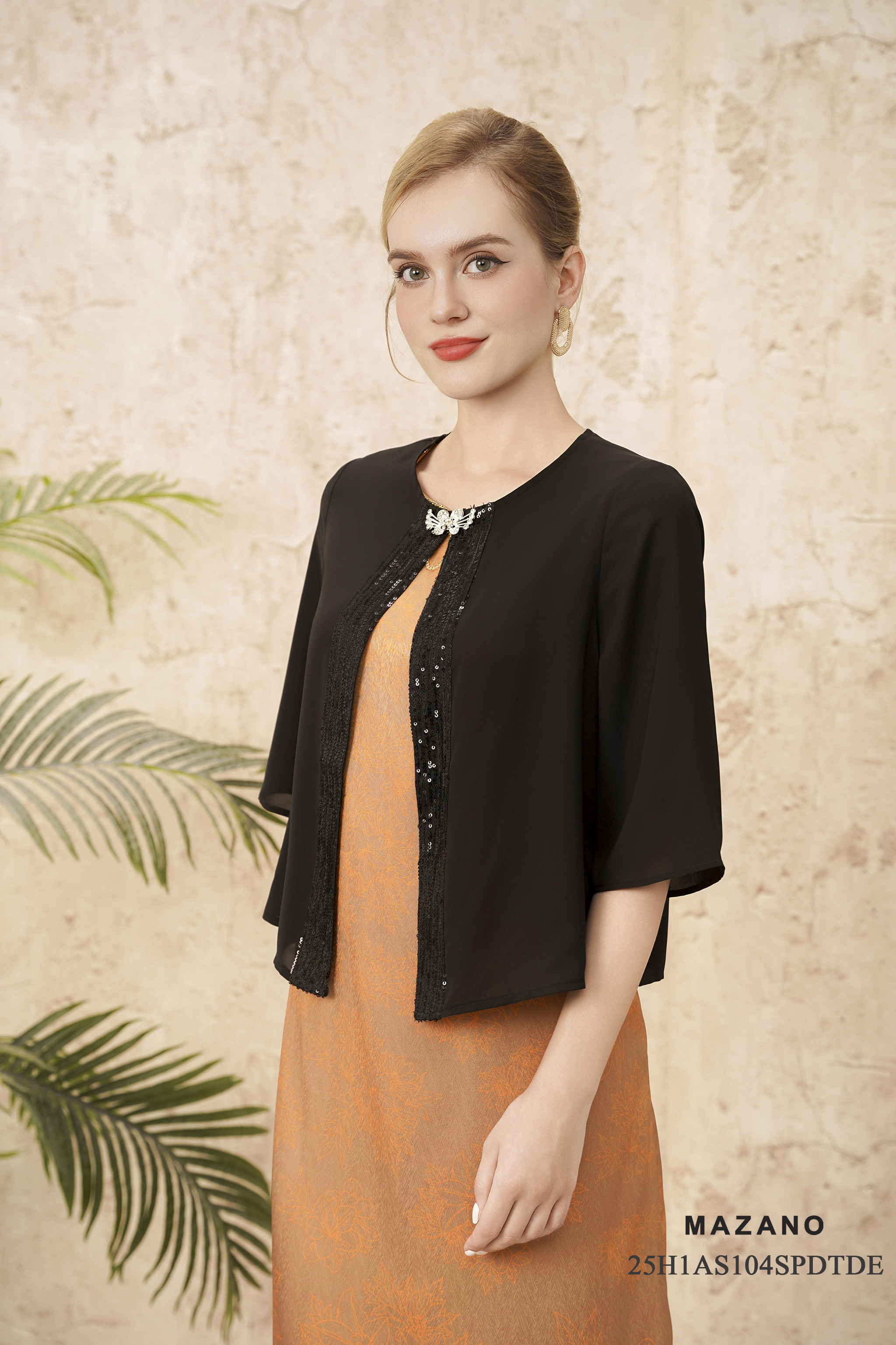 Áo Cadigan suông Vải voan mỏng phối kim sa Cổ tròn Tay lỡ Dài áo qua eo_thumbnail_2