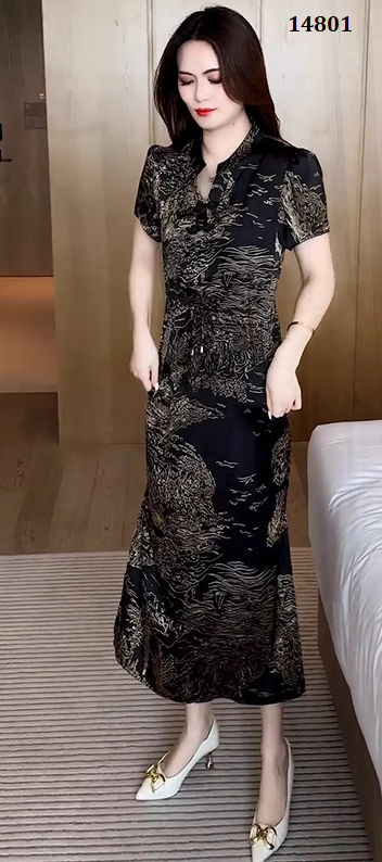 14801-Đầm suông in họa tiết  cổ tàu eo thắt dây cách điệu ( lụa mango)_thumbnail_3