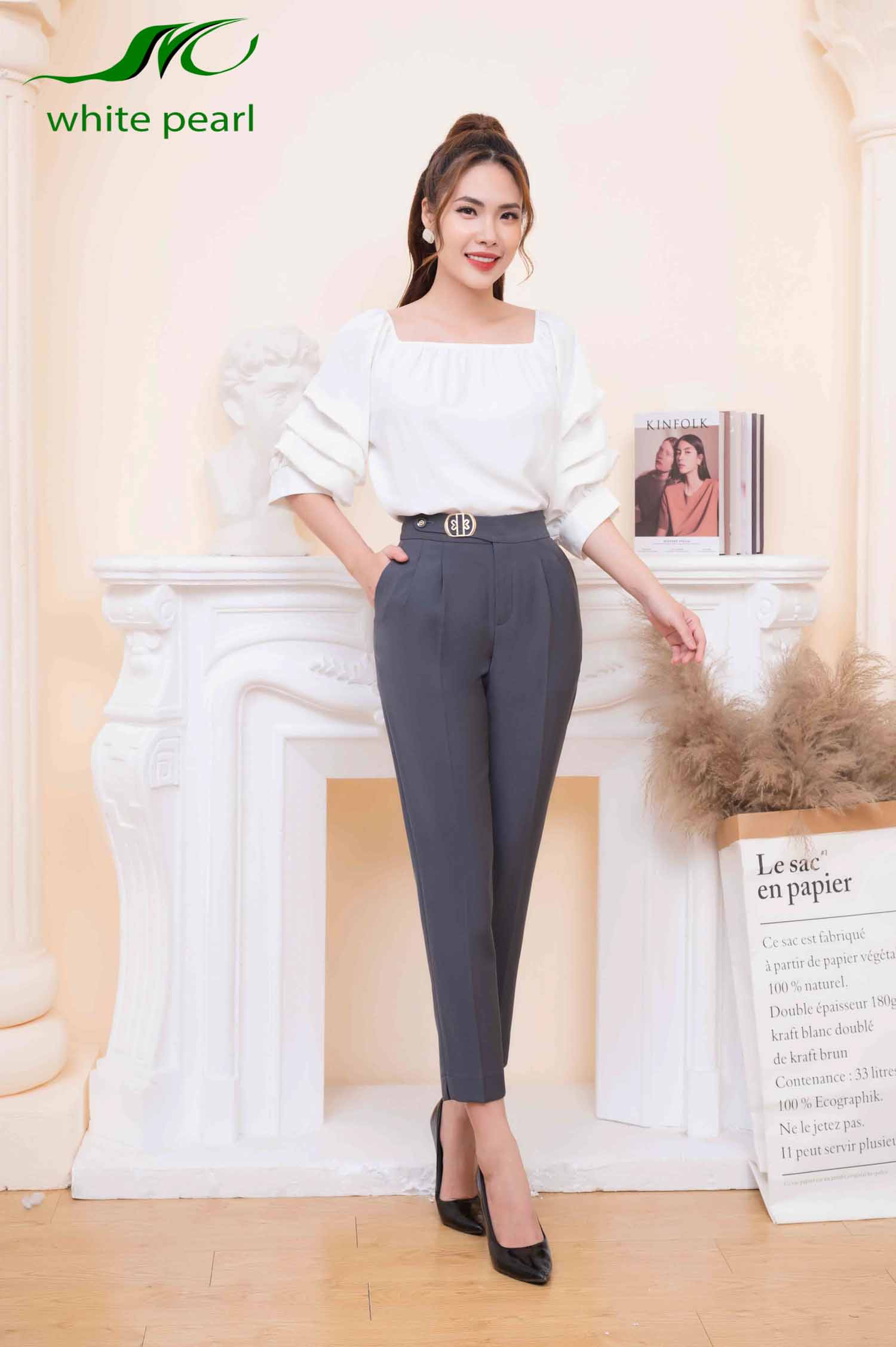 Quần baggy đai hoa thời trang công sở cao cấp White Pearl_thumbnail_0