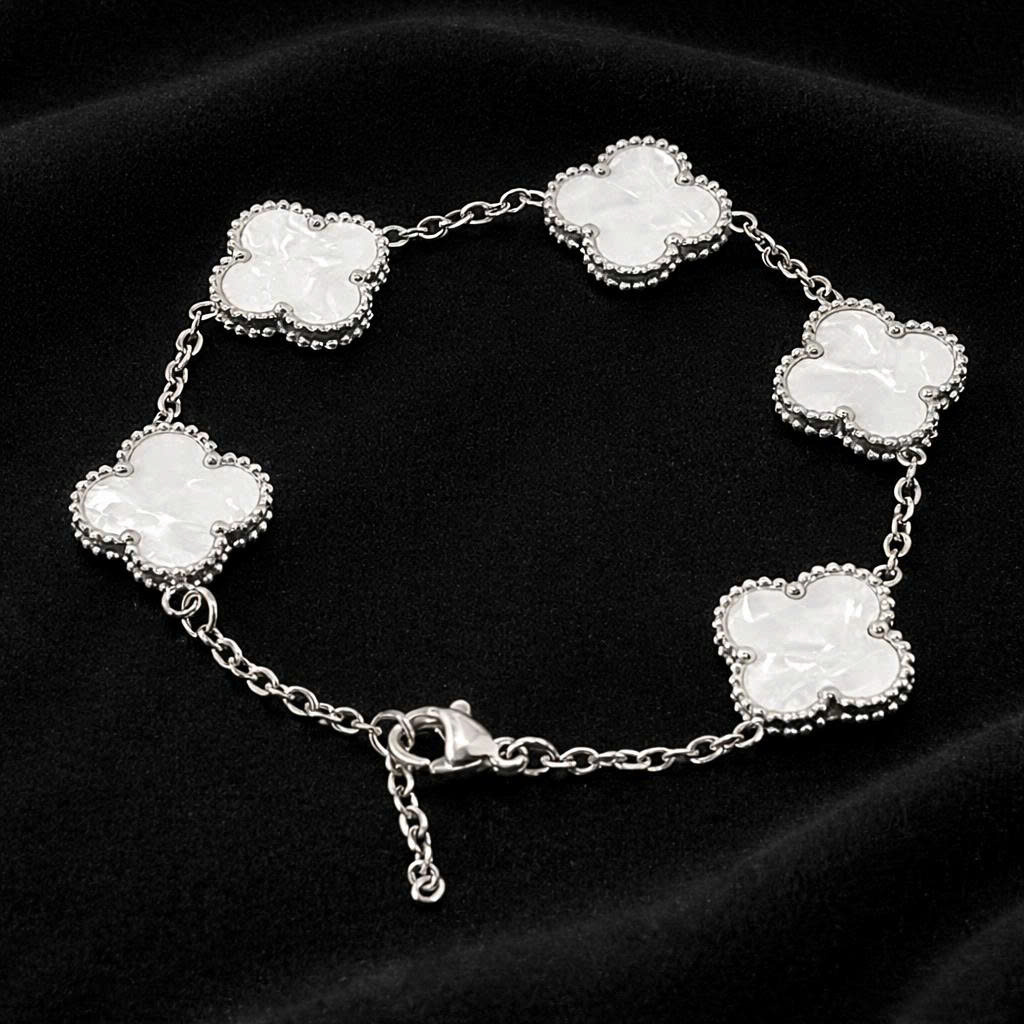 vòng tay van cleef trắng lớn viền bi bạc