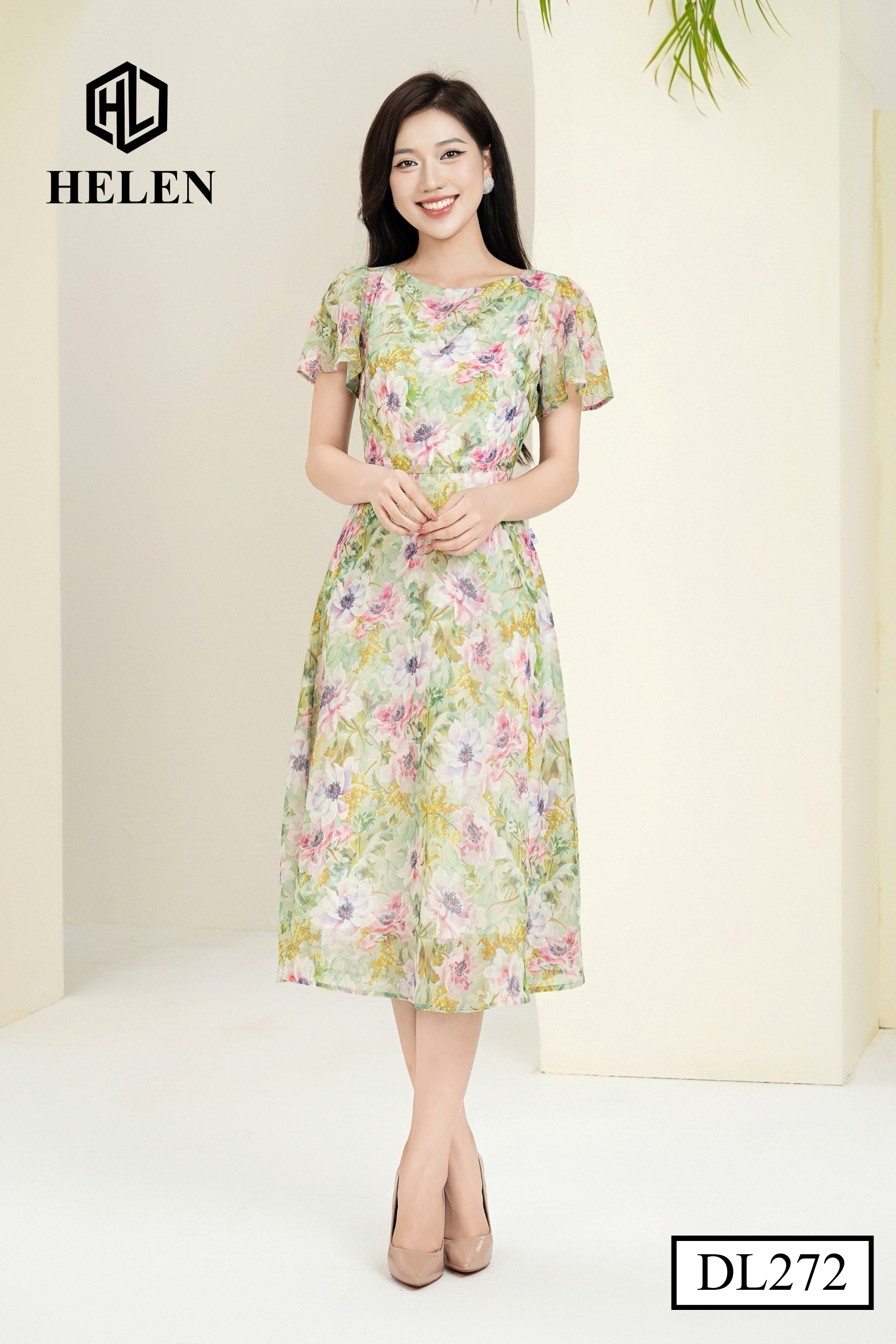 Đầm xòe hoa xanh cổ thuyển nhún vai DL272_thumbnail_3