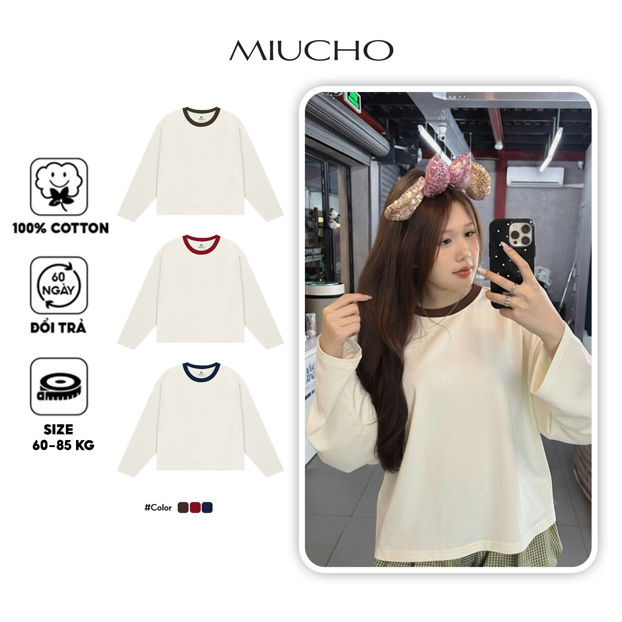 Áo thun boxy tay dài unisex Miucho chất vải thoáng mát mềm mại phối cổ mix màu AT00061