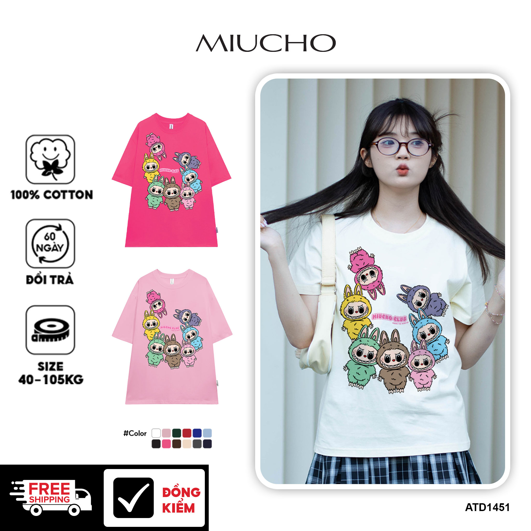 Áo phông labubu dễ thương form rộng ATD1451 Miucho vải cotton cổ tròn in mix