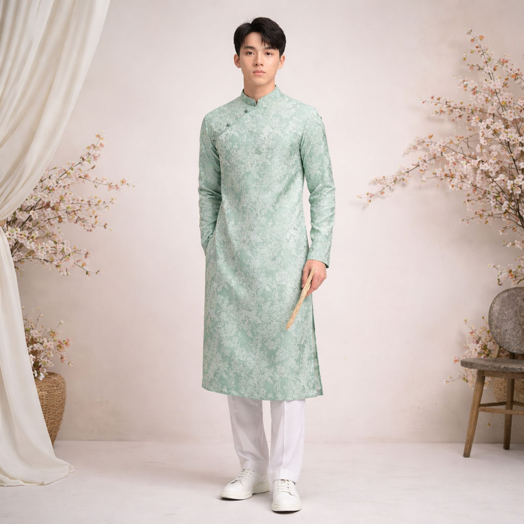 Áo Dài Nam Cách Tân Gấm Châu Sa Xanh Ngọc – Hoa Tiết NA25-04