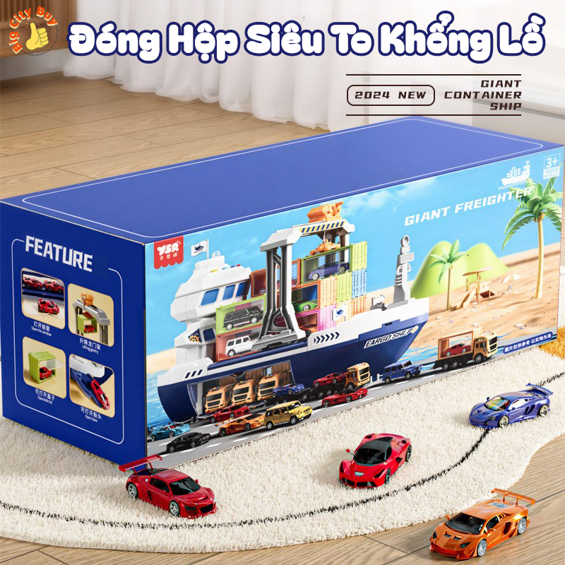 Tàu Thuỷ Container Khổng Lồ Tặng Kèm 12 Xe Nhỏ, 6 Container Chở Hàng Siêu Đỉnh Cho Bé_thumbnail_3