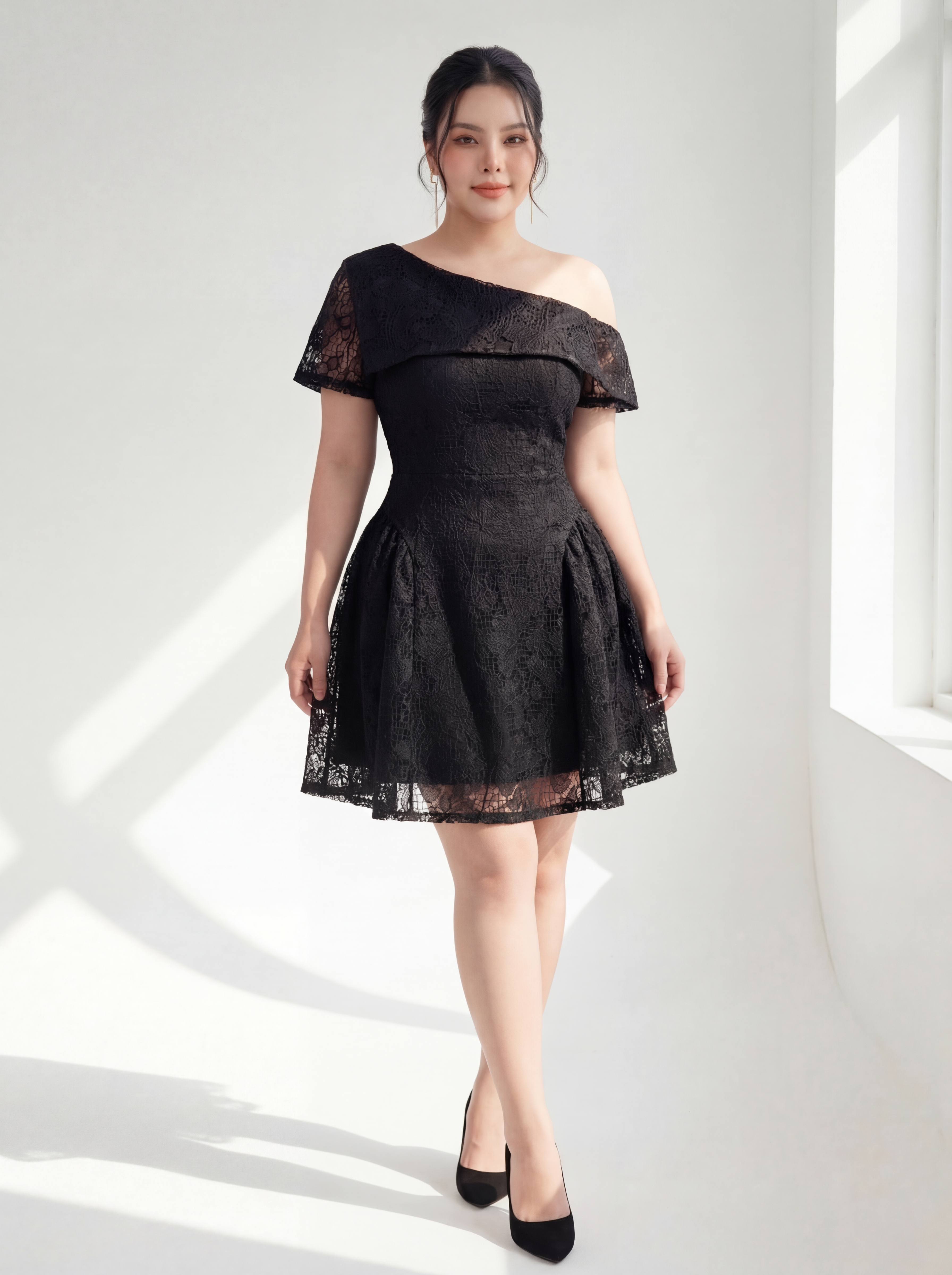 BIGSIZE NỮ - Đầm ren kiểu trễ vai 1 bên V-DA210