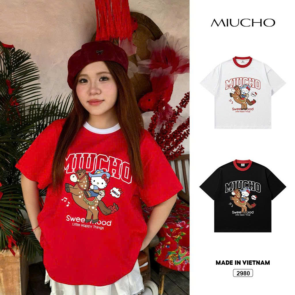 Áo thun tết Kitty form boxy phối cổ Miucho vải mềm mại thoáng mát tôn dáng 2980_thumbnail_7