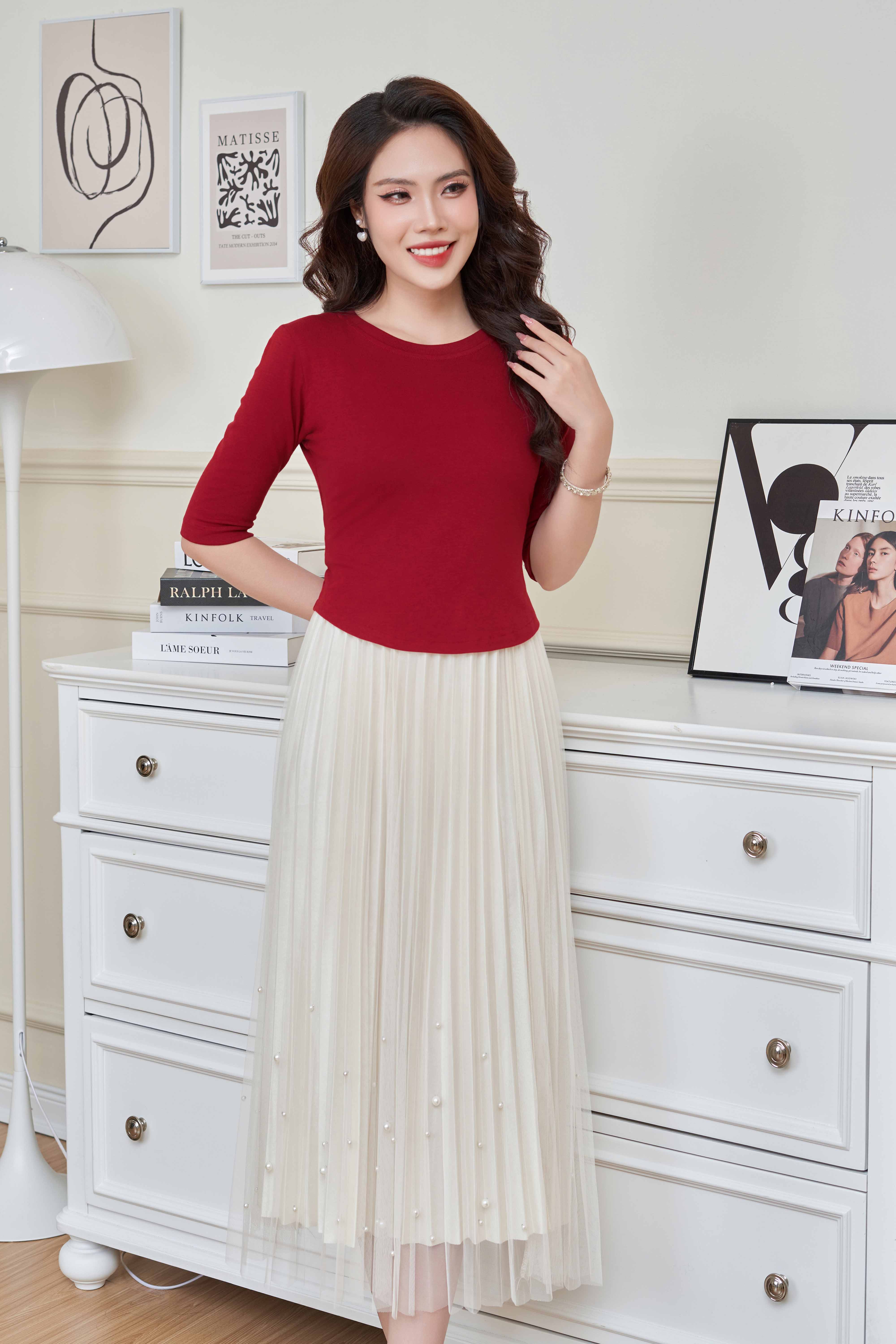 Áo thun CB tay lỡ Màu Đỏ Thời Trang Công Sở White Pearl