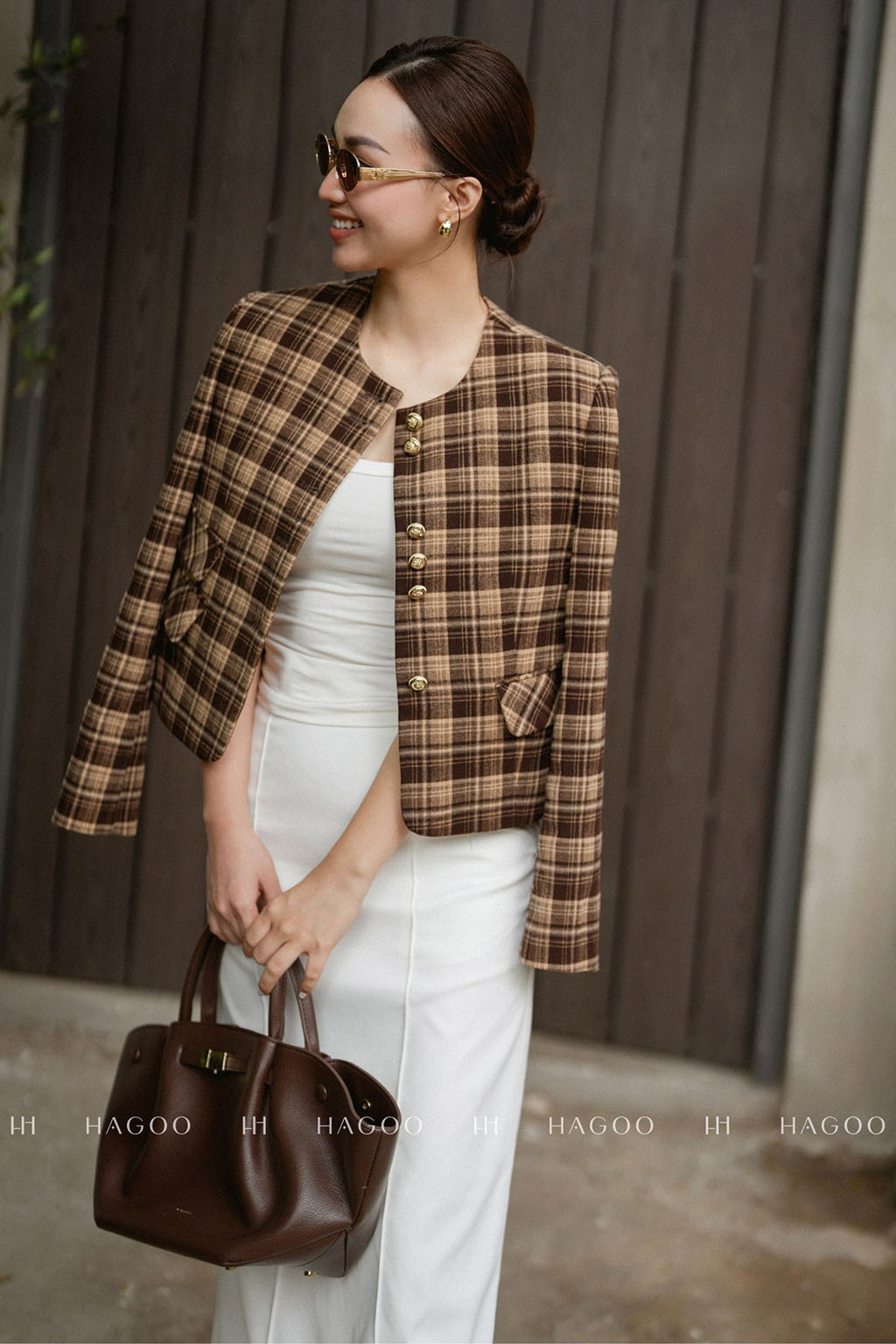 Áo khoác cổ tròn suông họa tiết ô vuông