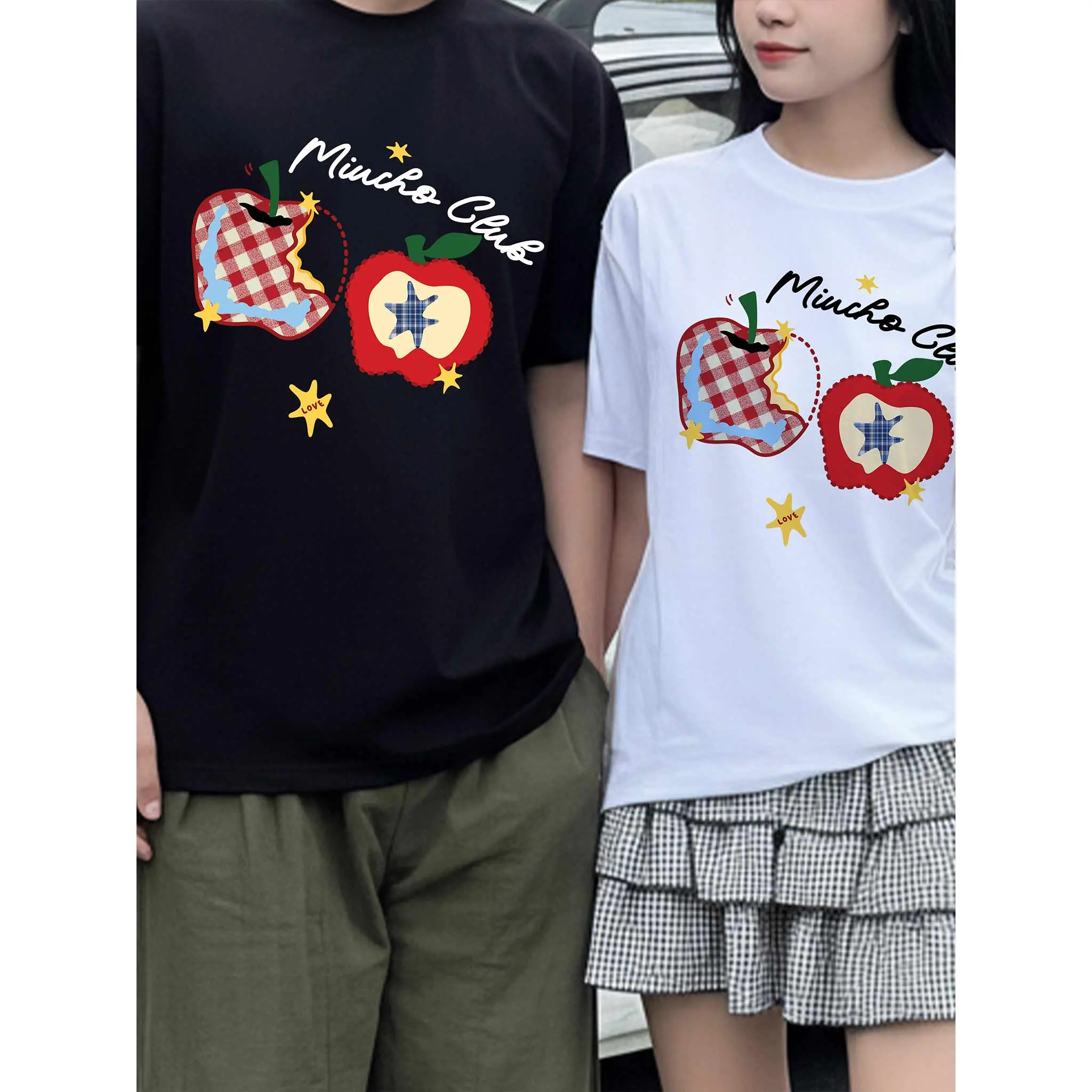 Áo thun couple form oversize Miucho vải cotton mềm mại dày dặn hình quả táo in mix 2783_thumbnail_2