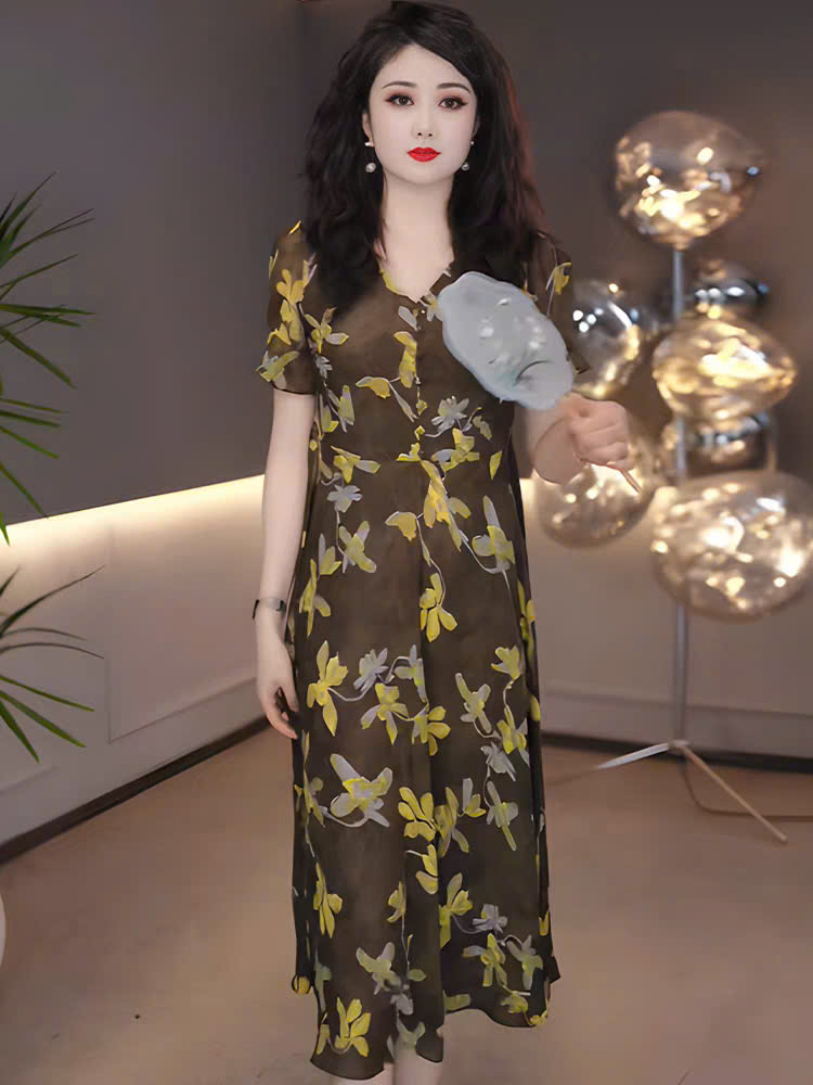 16992- Đầm voan xòe họa tiết hoa xanh vàng (voan + lót) 16992_thumbnail_4