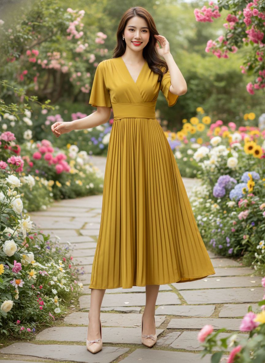 Váy xòe xếp ly cổ V tay cánh tiên