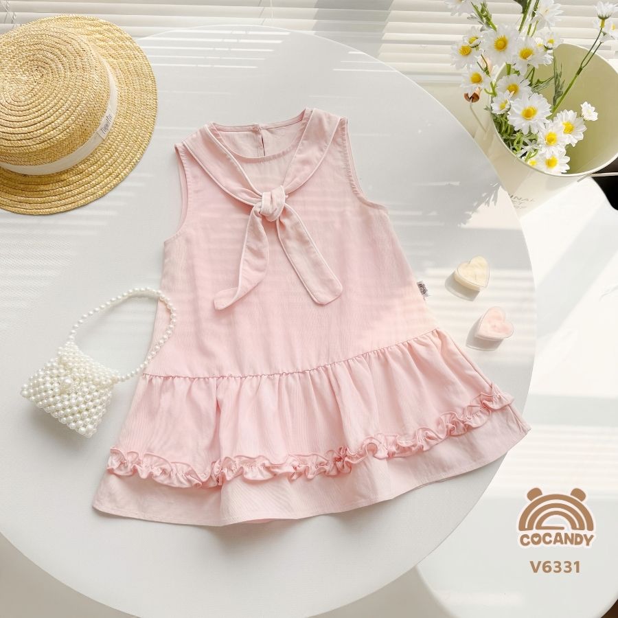 Váy sát nách HỒNG khăn cổ bèo nhún
