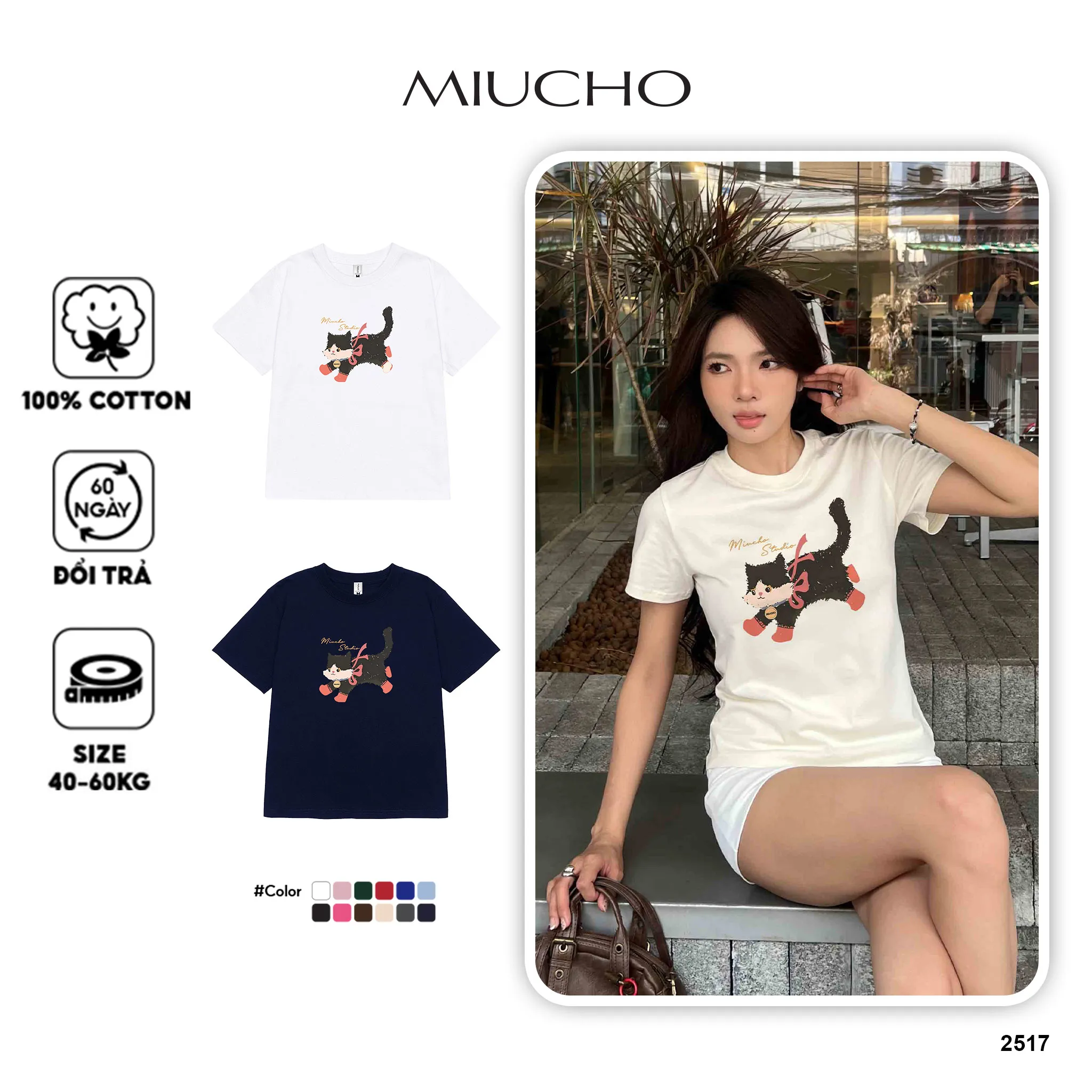 Áo baby tee hình mèo dễ thương 2517 Miucho vải cotton thoáng mát cổ tròn in mix_thumbnail_1