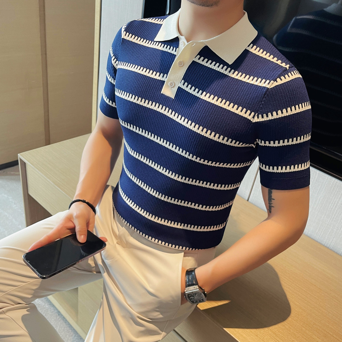 PA59 – Áo polo nam dệt kim băng lụa sọc tay ngắn, ve áo co giãn_thumbnail_5