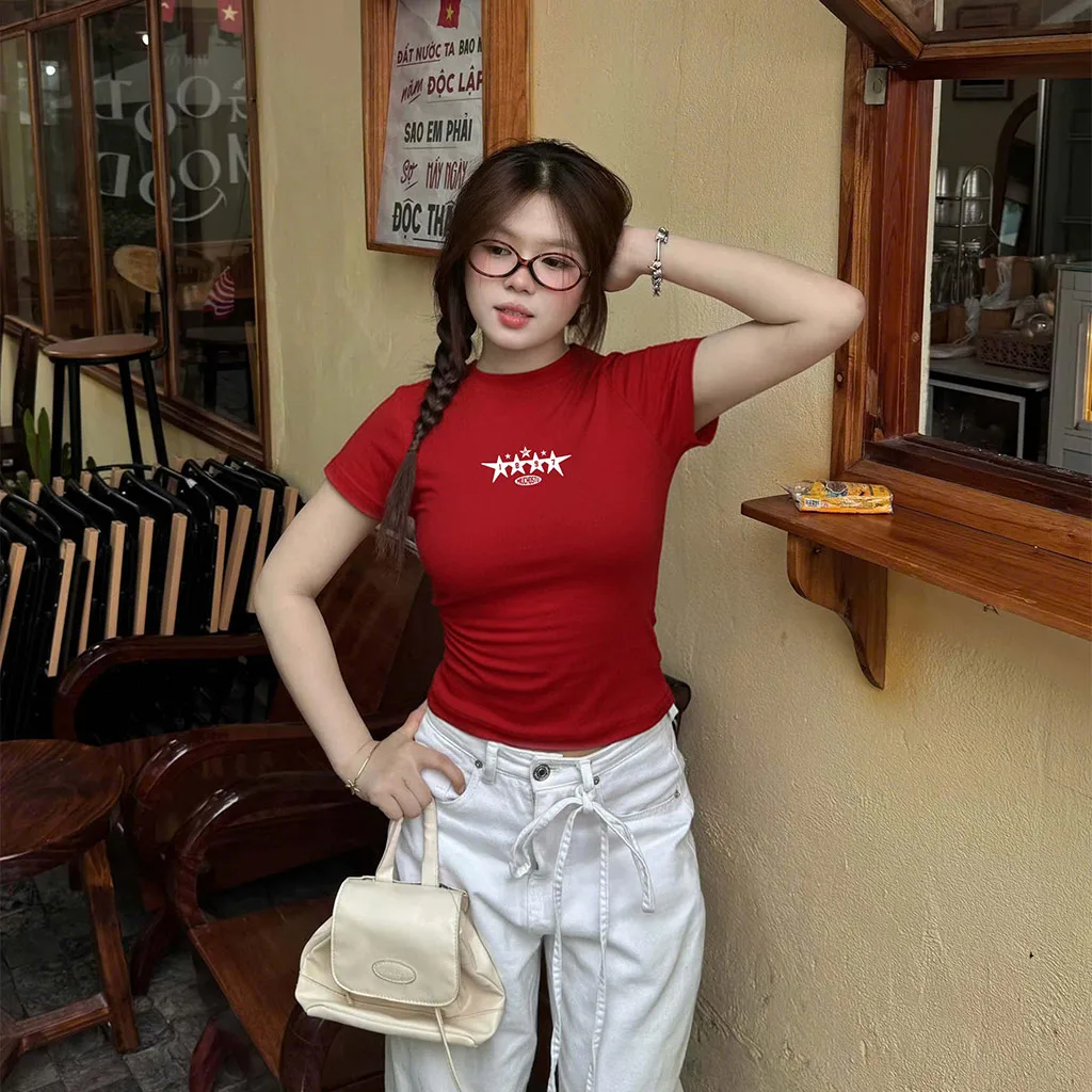 Áo baby tee nữ slim fit Beezy vải visco thoáng mát ôm body tay ngắn cổ tròn basic in mix_thumbnail_4