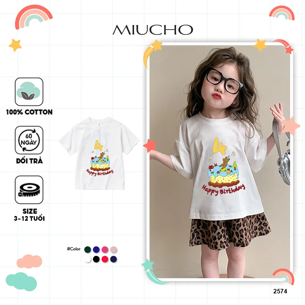 Áo thun cho bé sinh nhật 4 tuổi form rộng 2574 Miucho Kid vải cotton mềm mại thoáng mát thấm hút mồ hôi
