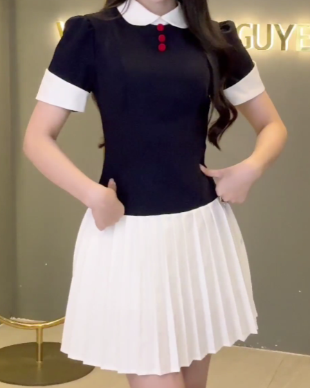 Đầm Xếp Ly Cổ Trắng 3 Cúc_thumbnail_5