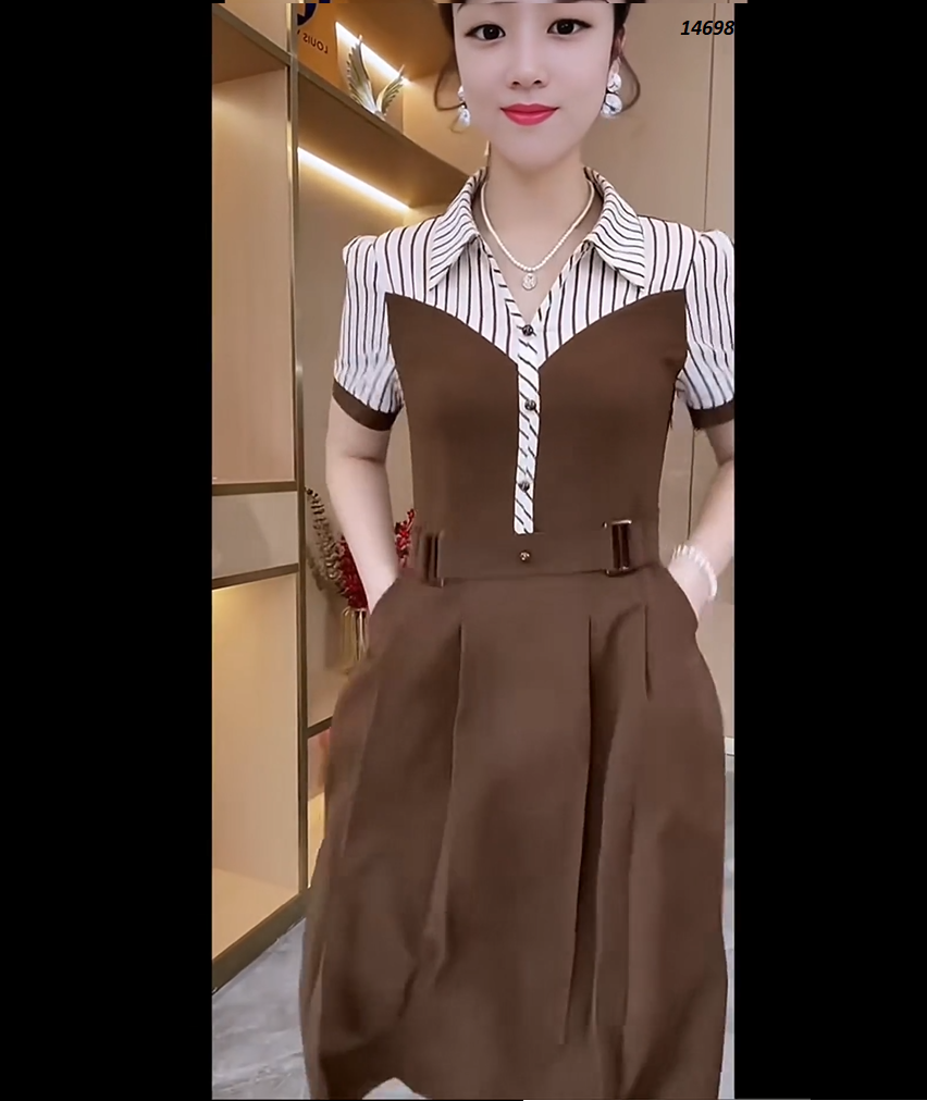 14698-Đầm xòe nâu phối trắng sọc phía trên (chéo nhật, lụa sọc)_thumbnail_2