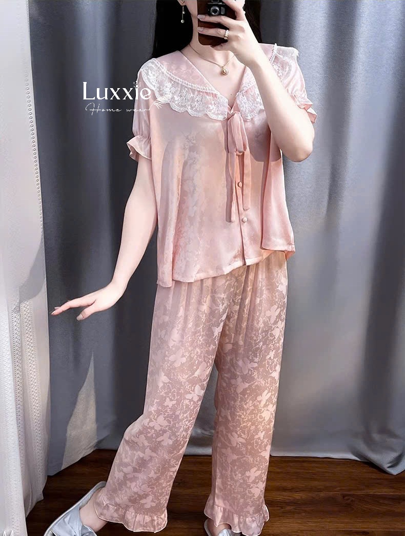N108B Pijama lụa gấm hoa cổ ren trắng buộc nơ cộc tay_thumbnail_6