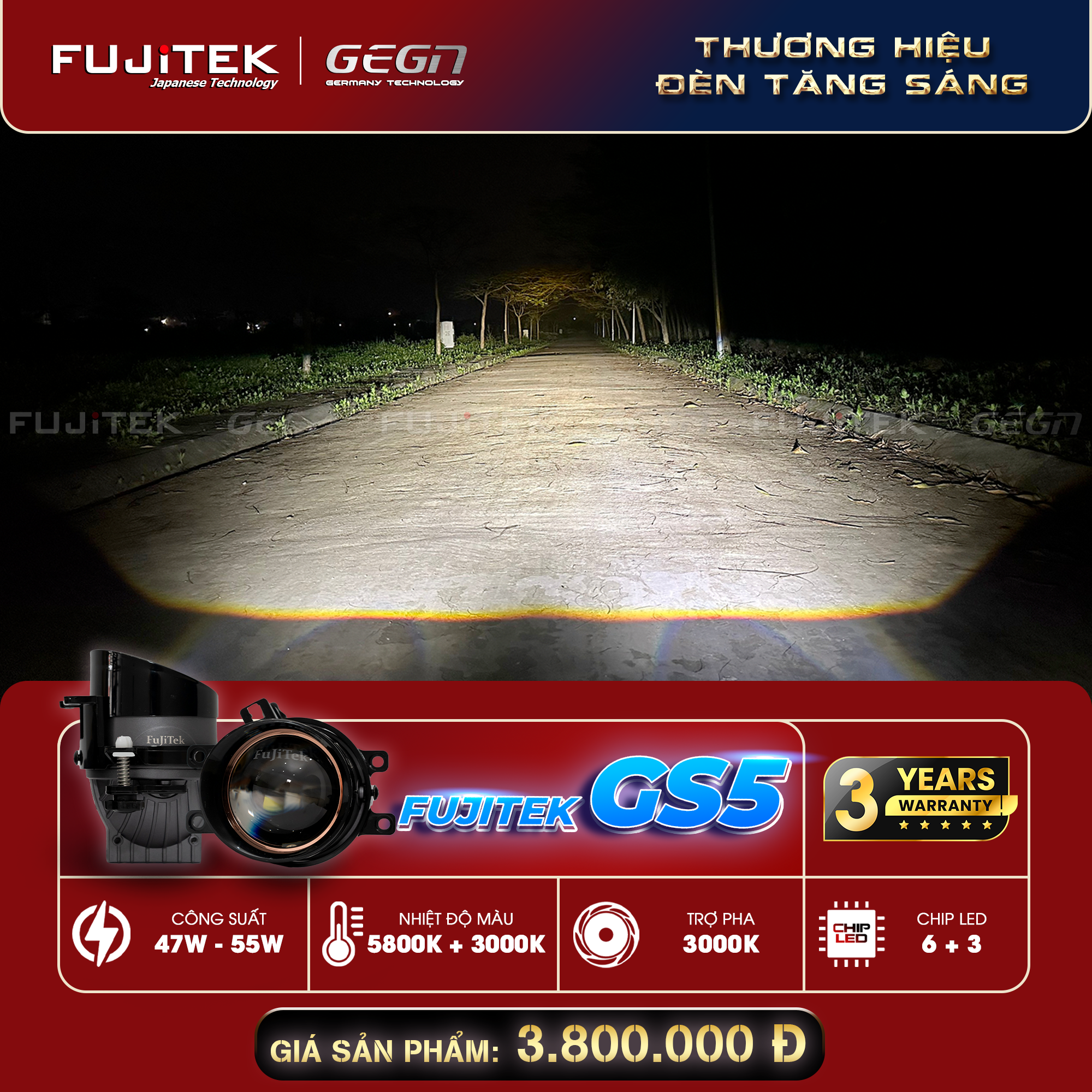 Fujitek GS5 Bi gầm 3 inch công suất cao cos trắng pha vàng 50W