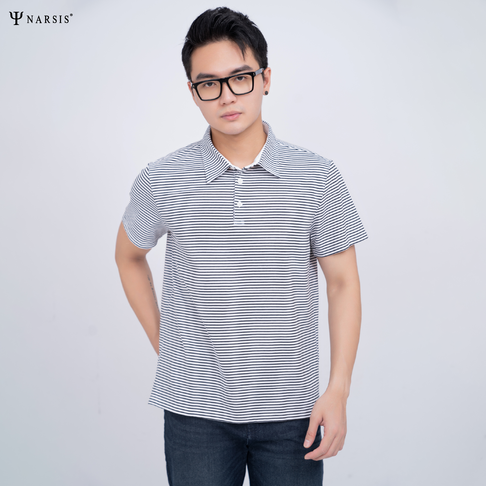 ÁO POLO NAM COTTON KẺ NHÍ TRẮNG ĐEN D23021 NARSIS CHẤT LIỆU THOÁNG MÁT, DỄ CHỊU, THOẢI MÁI CẢ NGÀ..._thumbnail_1