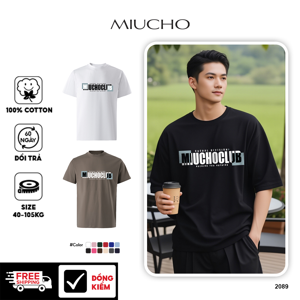 Áo phông nam đẹp form rộng 2089 Miucho Iconic cổ tròn vải cotton 4c thoáng mát in typography
