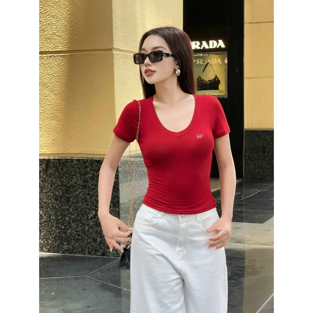 Áo thun cổ tim form ôm Miucho vải visco thoáng mát co giãn tôn dáng dễ phối đồ in mix 2727_thumbnail_2