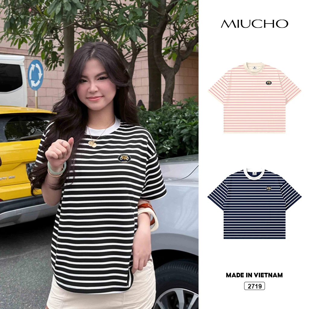 Áo thun form boxy Miucho thun borip dày dặn thoáng mát hình in basic kẻ sọc mix màu 2719_thumbnail_1
