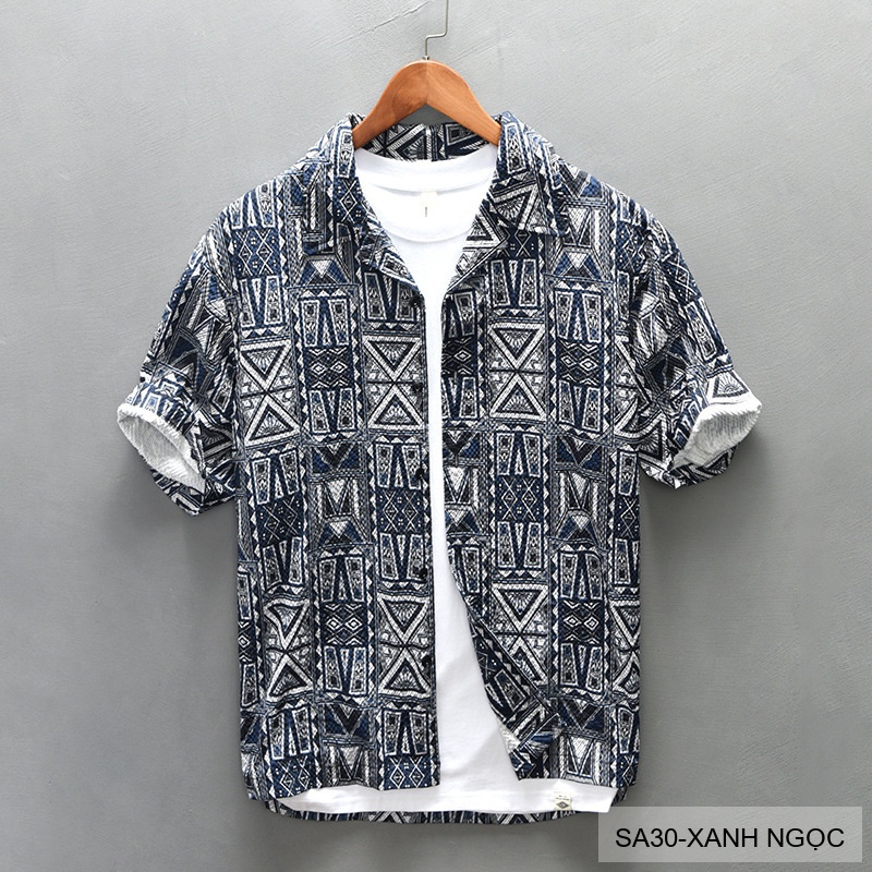 SA30 - Áo sơ mi nam ngắn tay in hoa kiểu Nhật, chất liệu polyester mềm mại, phong cách tươi tắn