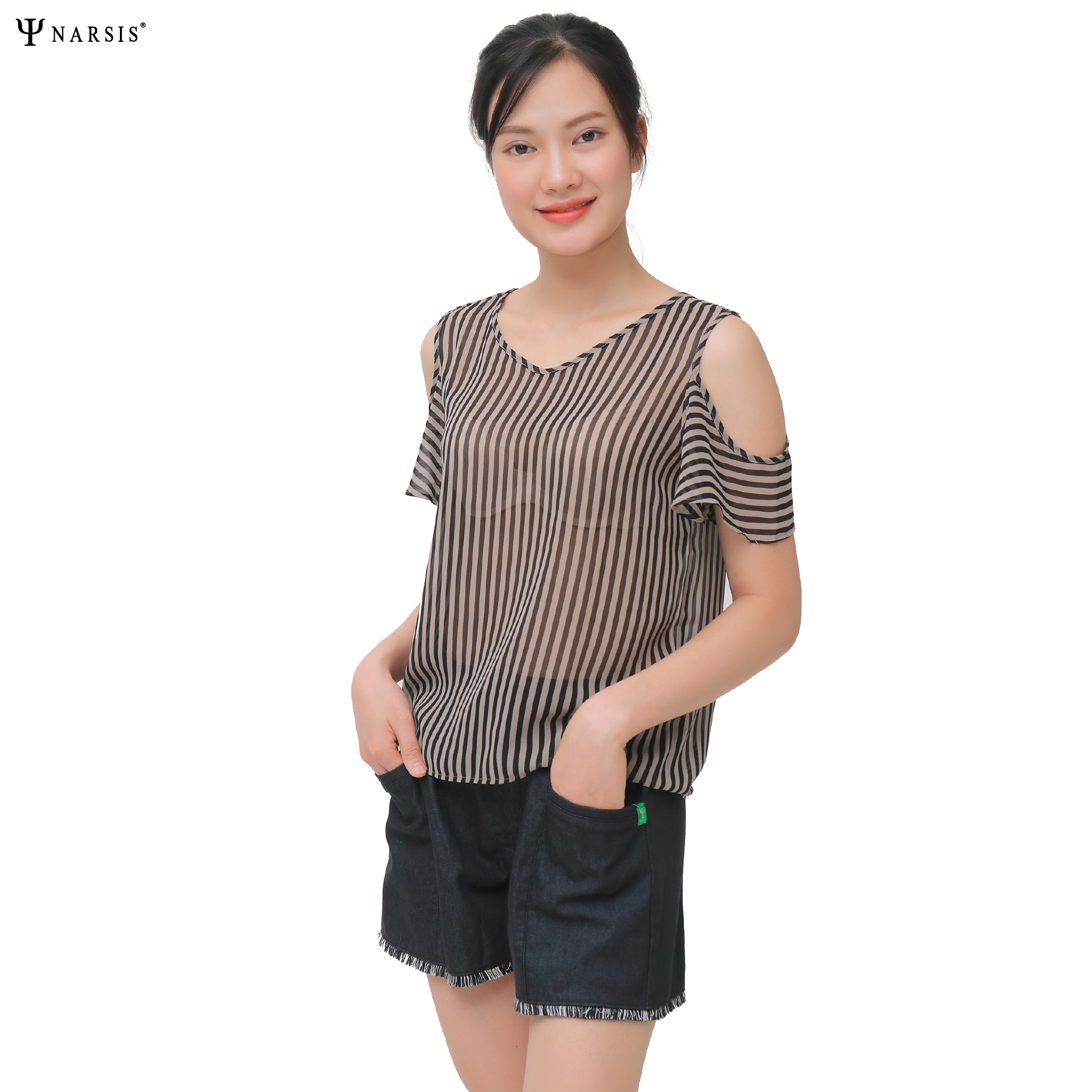 ÁO HÈ NỮ THIẾT KẾ -  VOAN KẺ NHÍ ĐEN TRẮNG L9022 NARSIS CHẤT LIỆU THOÁNG MÁT, DỄ CHỊU, THOẢI MÁI ...