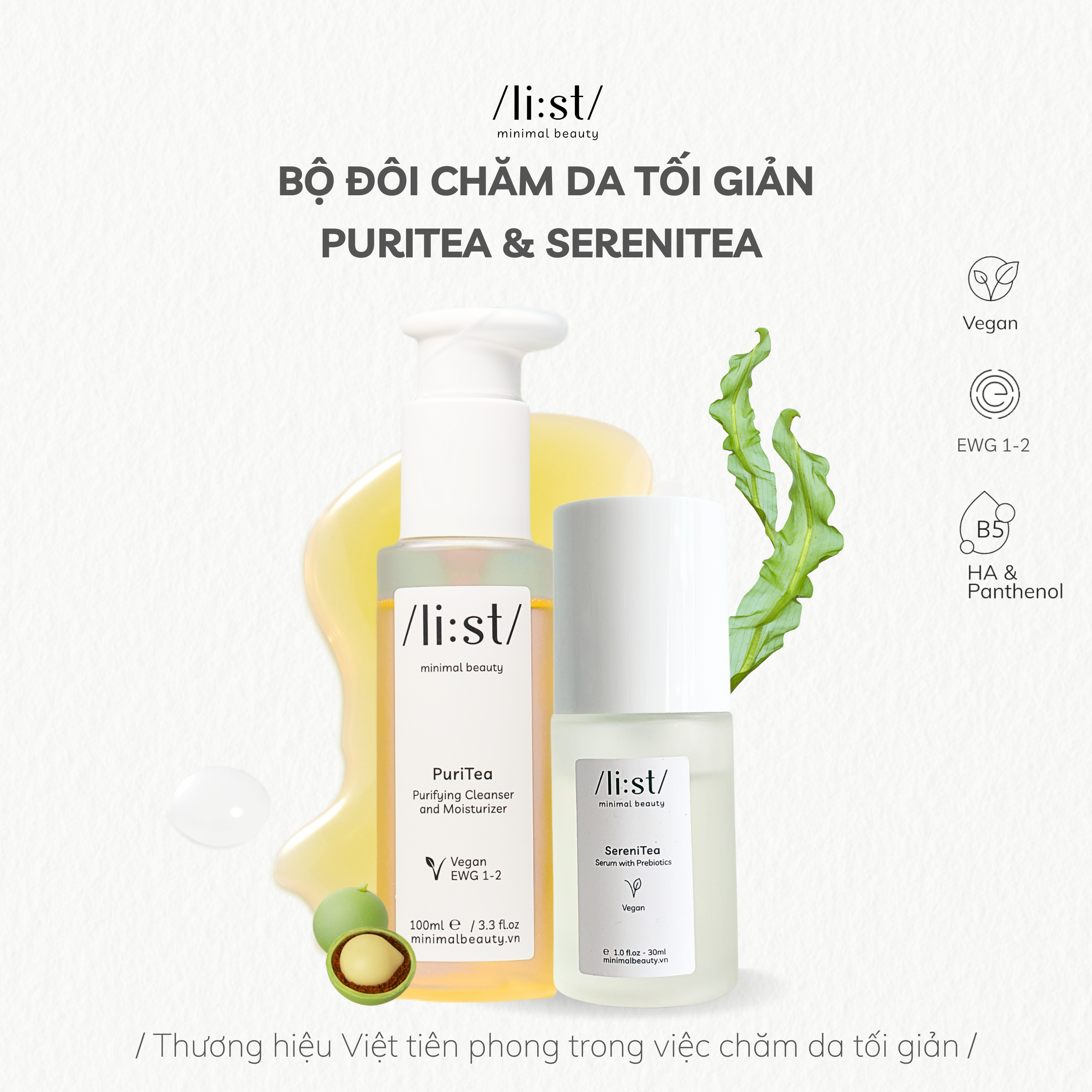 Bộ Đôi Chăm Da Tối Giản Li:st Dưỡng Da, Phục Hồi Và Cân Bằng Da Trà Rửa Mặt PuriTea 100ml, Serum SereniTea 30ml