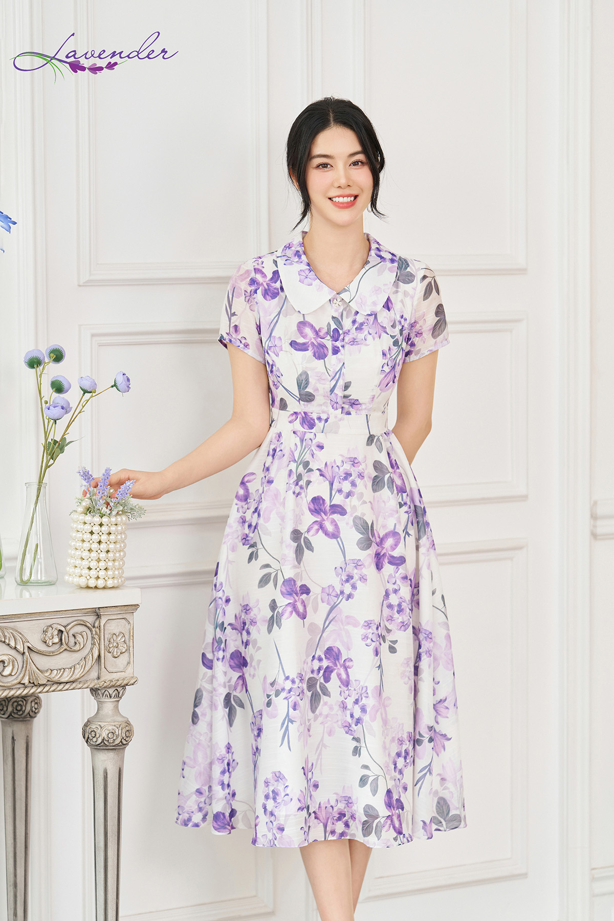 Đầm hoa tím dáng xòe cổ sen tay ngắn D3080_thumbnail_3